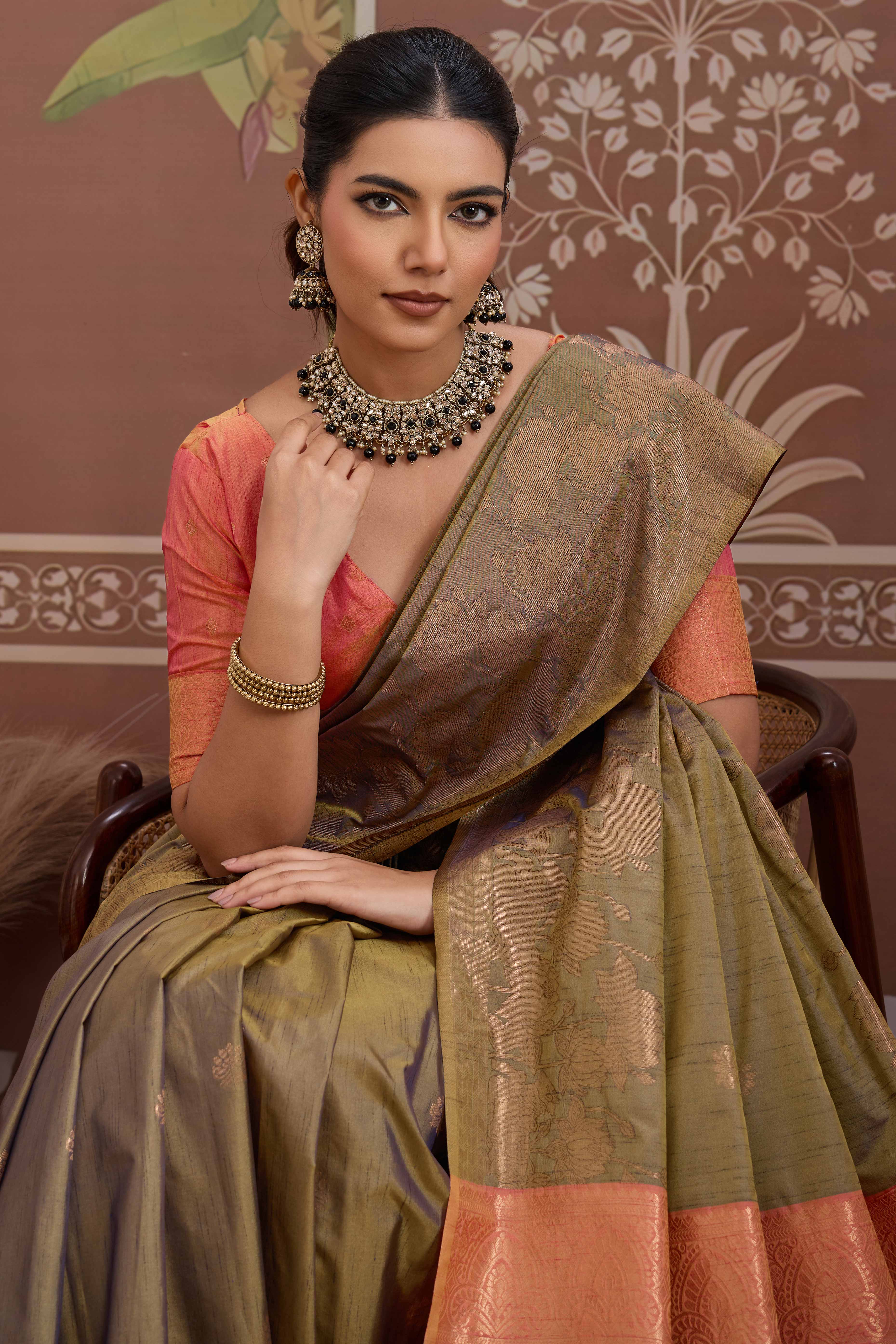 Luxury Olive Pichwai Style Saree in Silk Blend with Intricate Zari Work