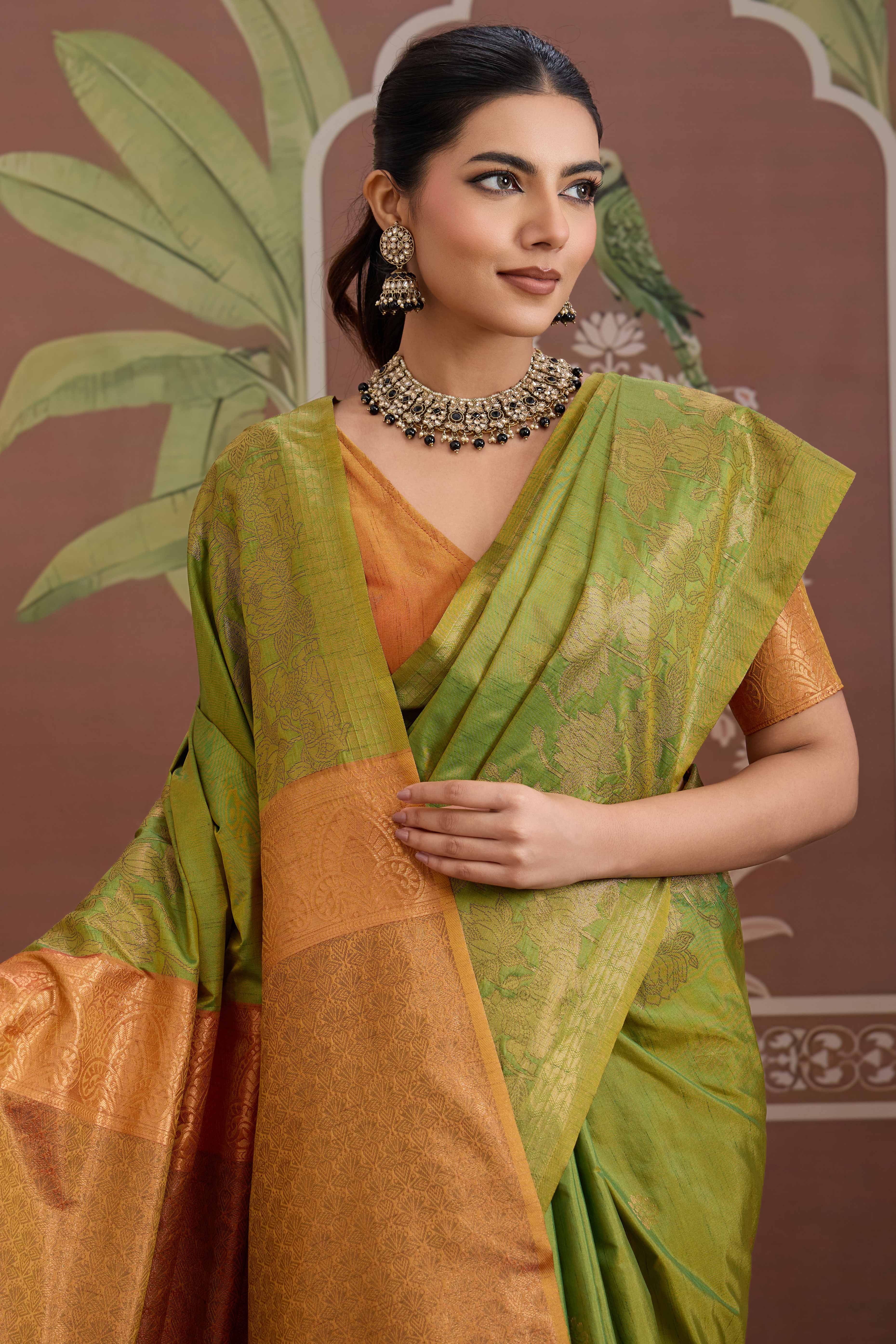 Luxury Lime Green Pichwai Style Saree in Silk Blend with Intricate Zari Work