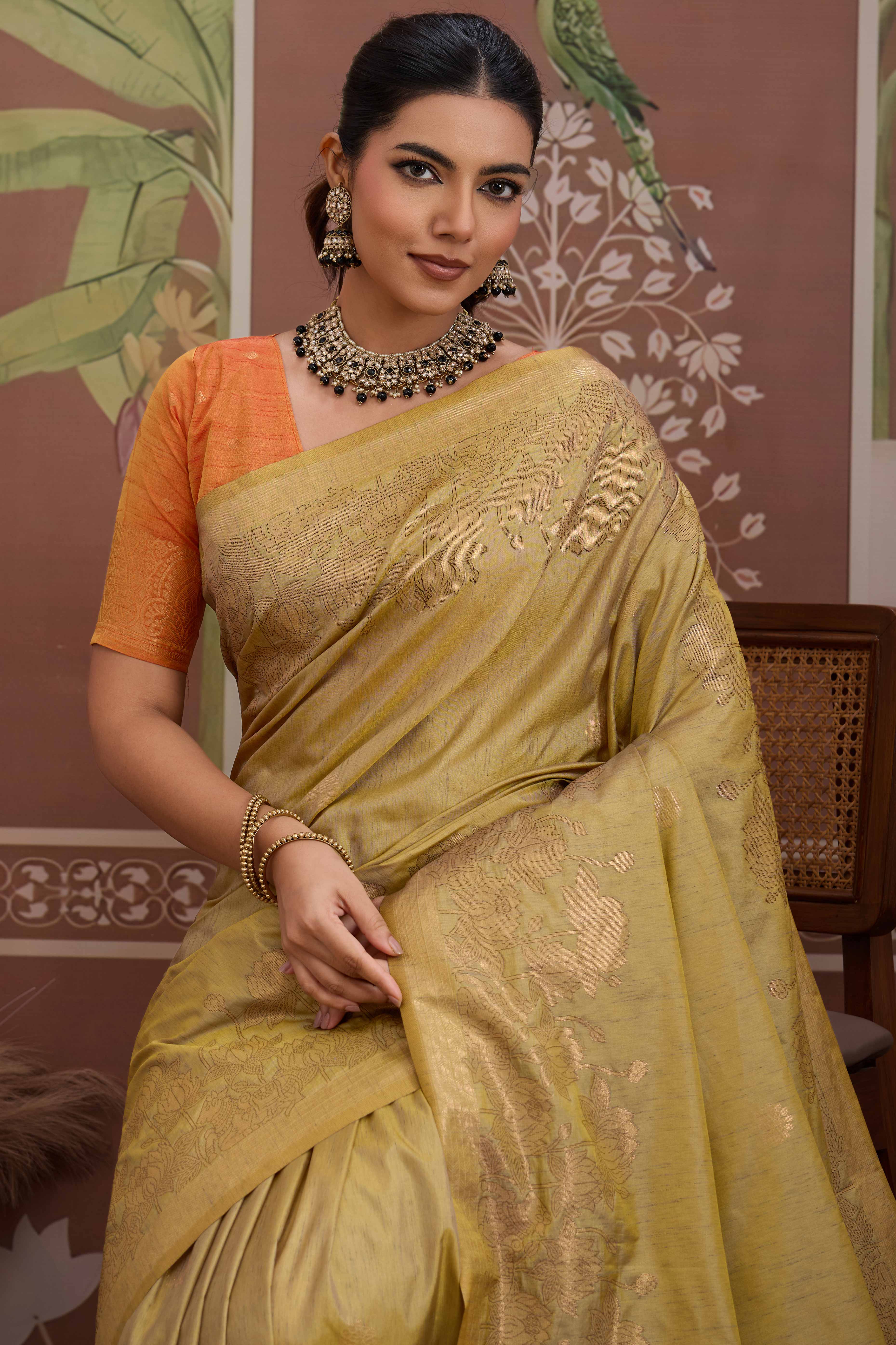 Luxury Gold Pichwai Style Saree in Silk Blend with Intricate Zari Work