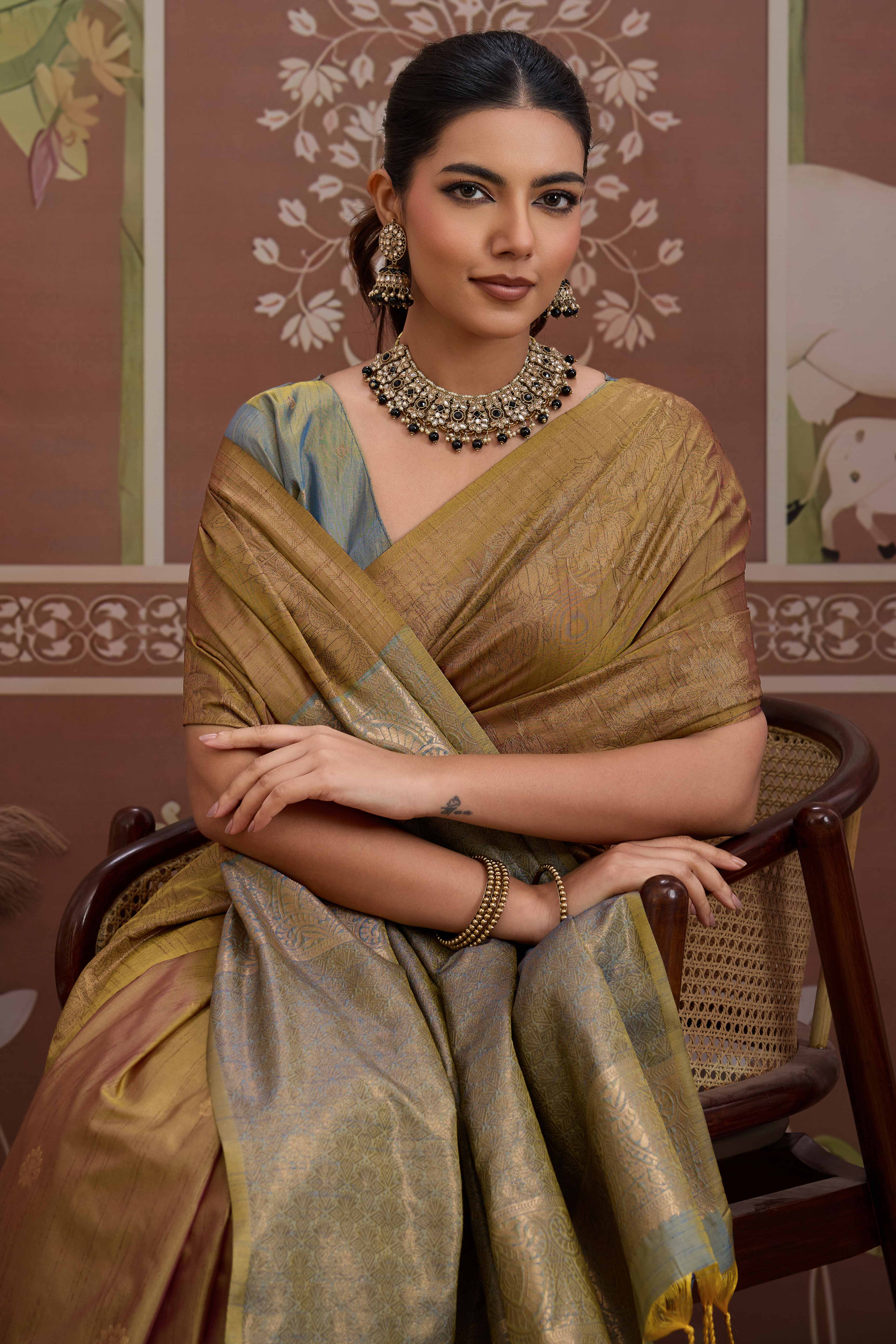 Luxury Brownish Gold Pichwai Style Saree in Silk Blend with Intricate Zari Work
