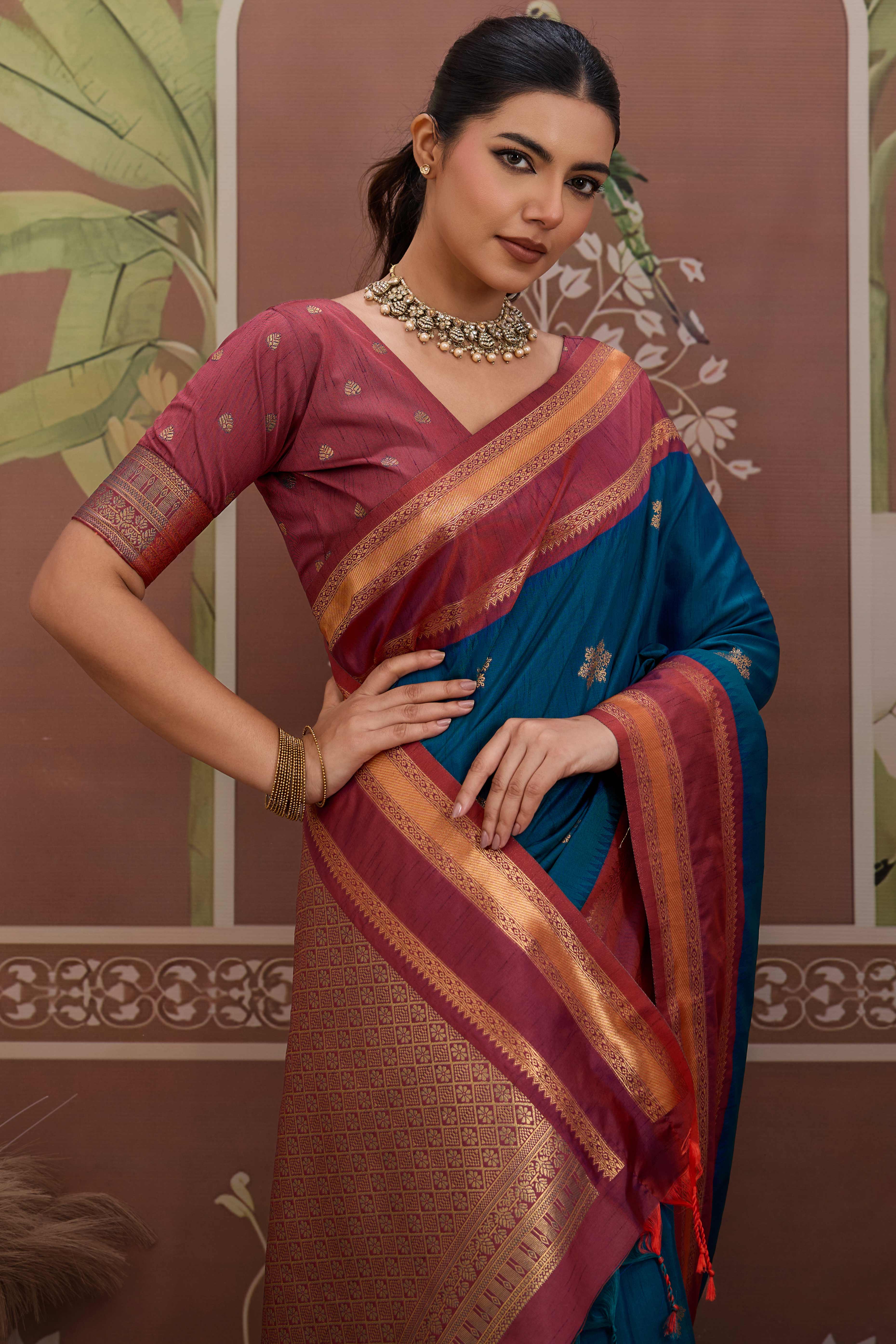 Luxury Style Teal Saree in Silk Blend with Intricate Zari Work