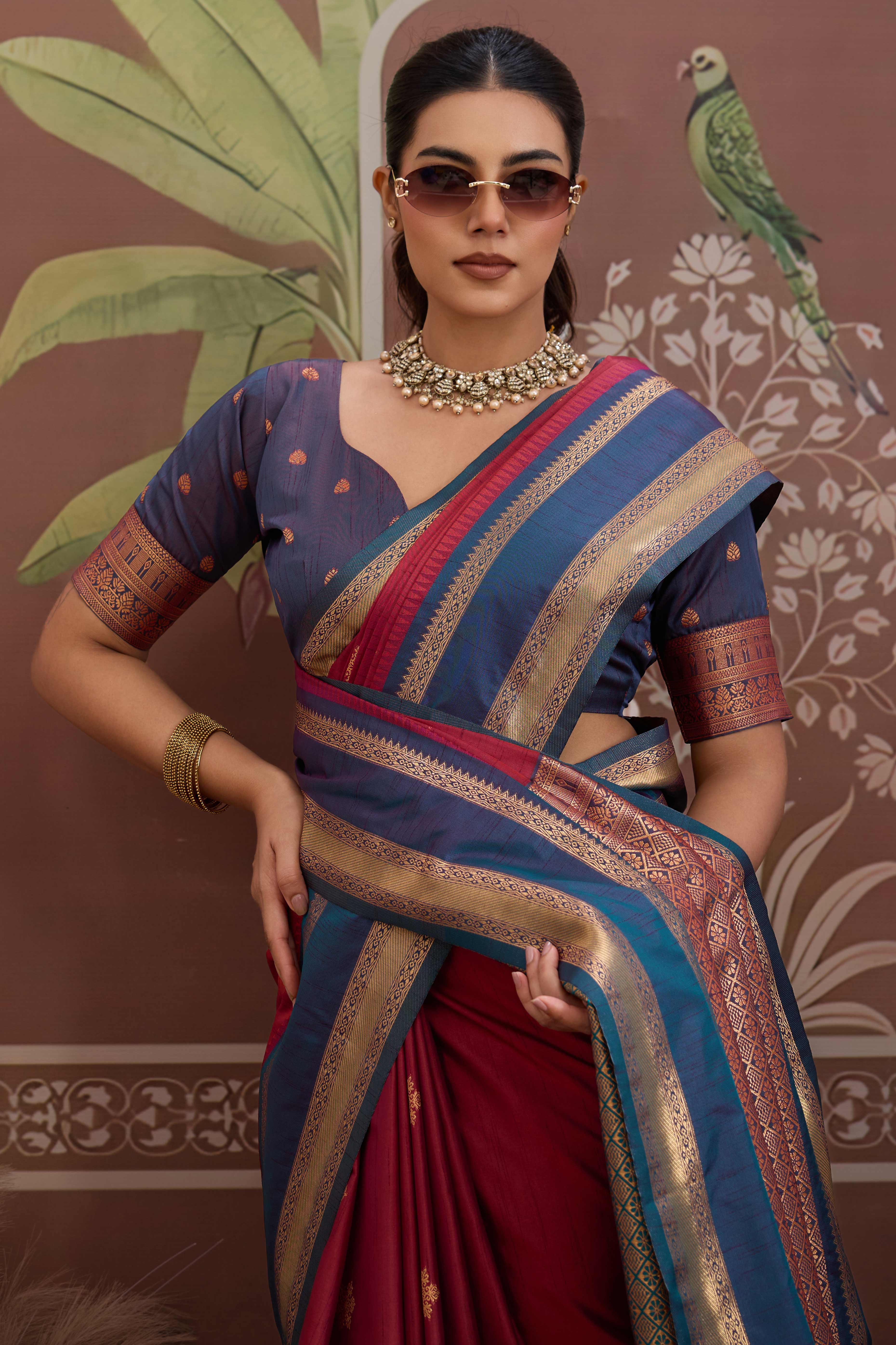 Luxury Style Maroon Saree in Silk Blend with Intricate Zari Work