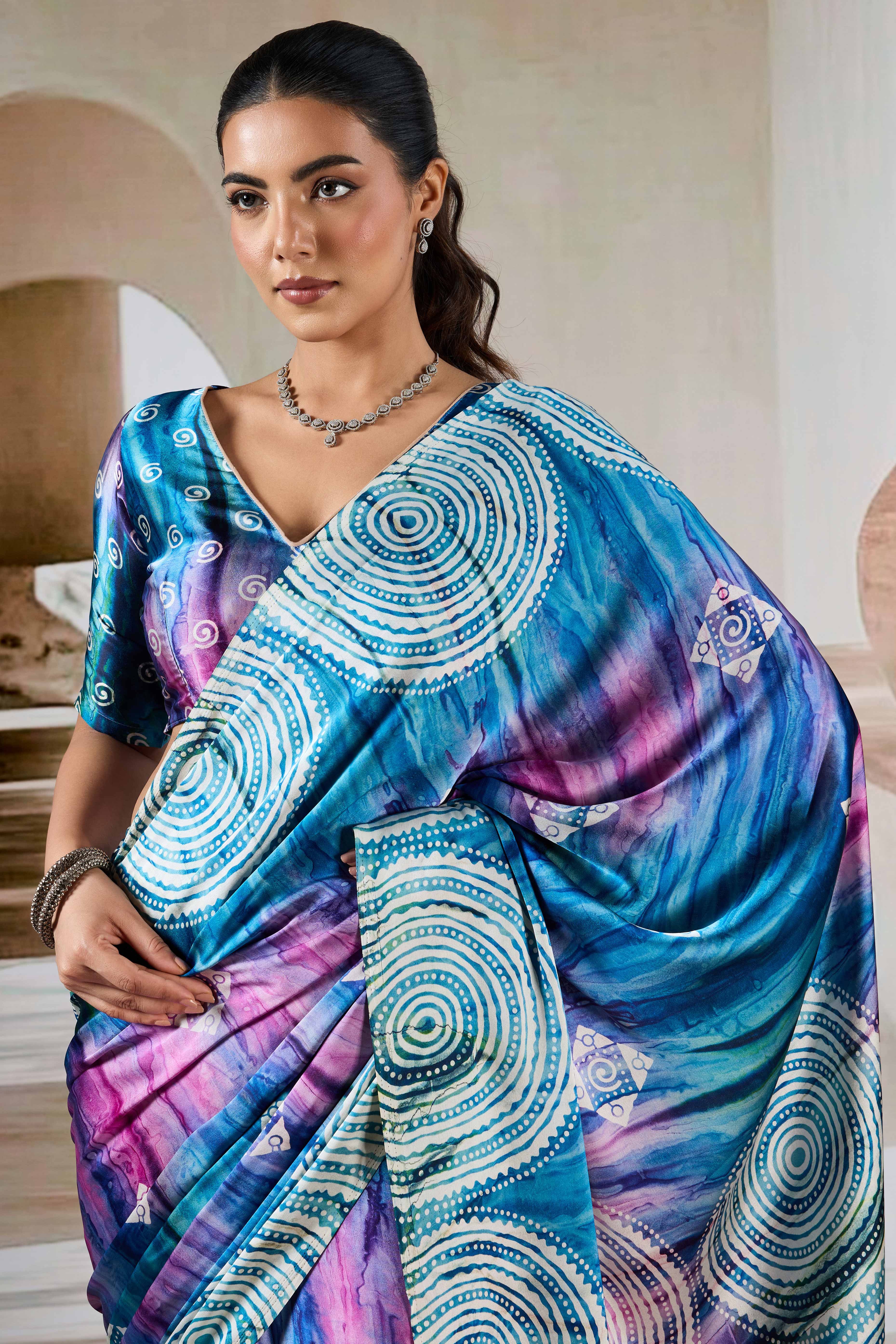 Luxury Blue Abstract Prism Print Modal Satin Saree Featuring Artistic Work