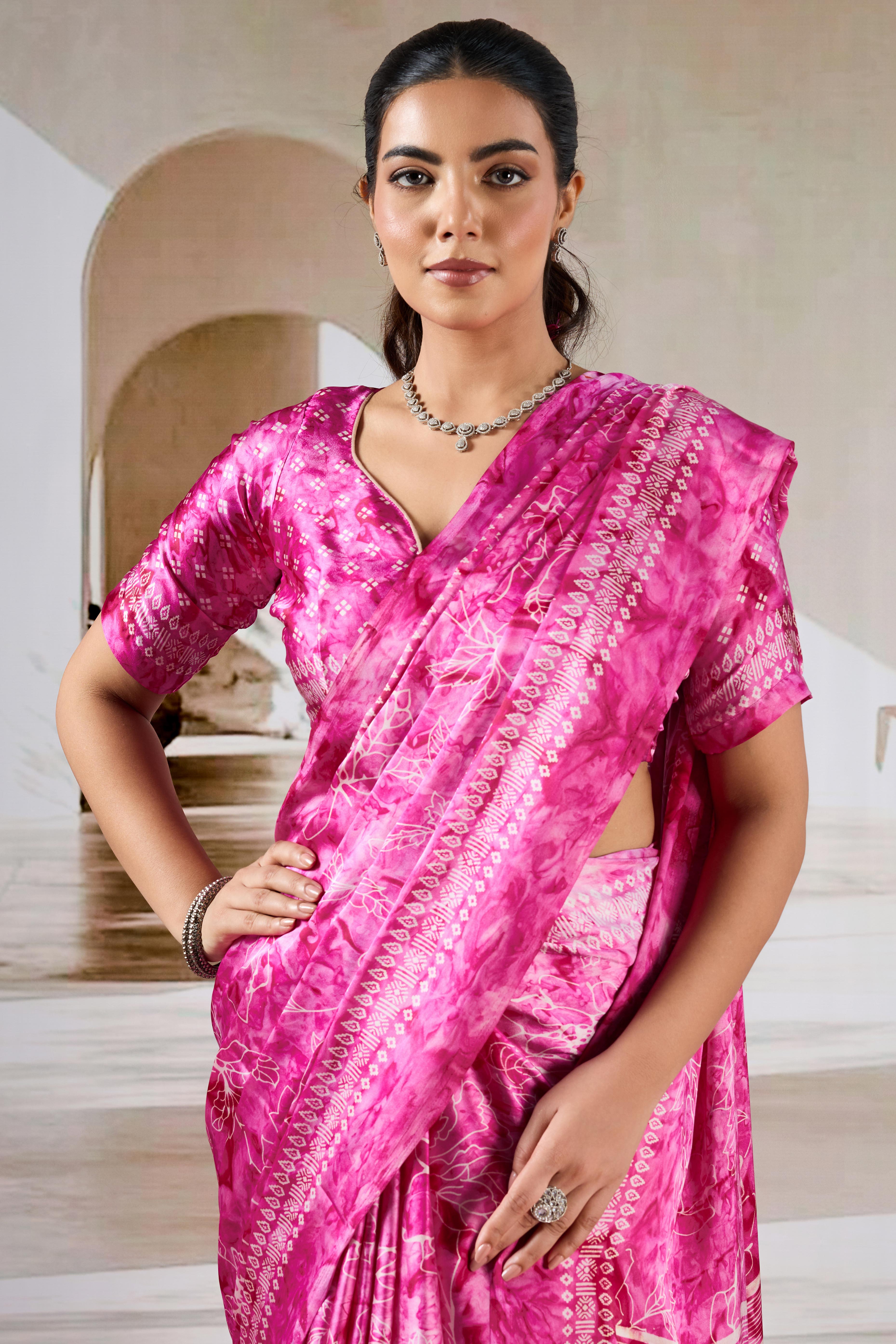 Luxury Pink Abstract Prism Print Modal Satin Saree Featuring Artistic Work