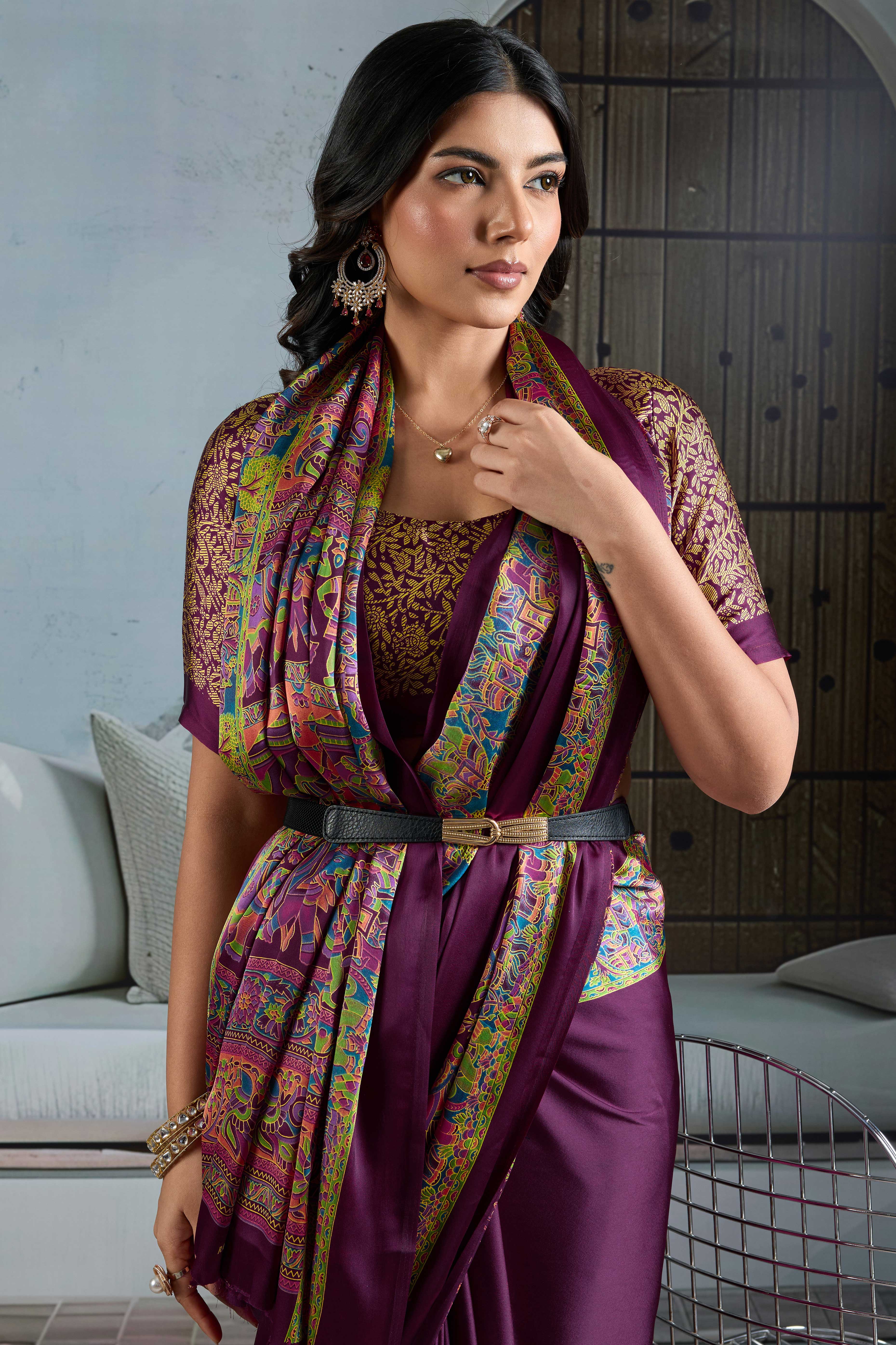 Classic Wine Solid Modal Satin Saree With Multicolor Traditional Folk Art Printed Border & Pallu