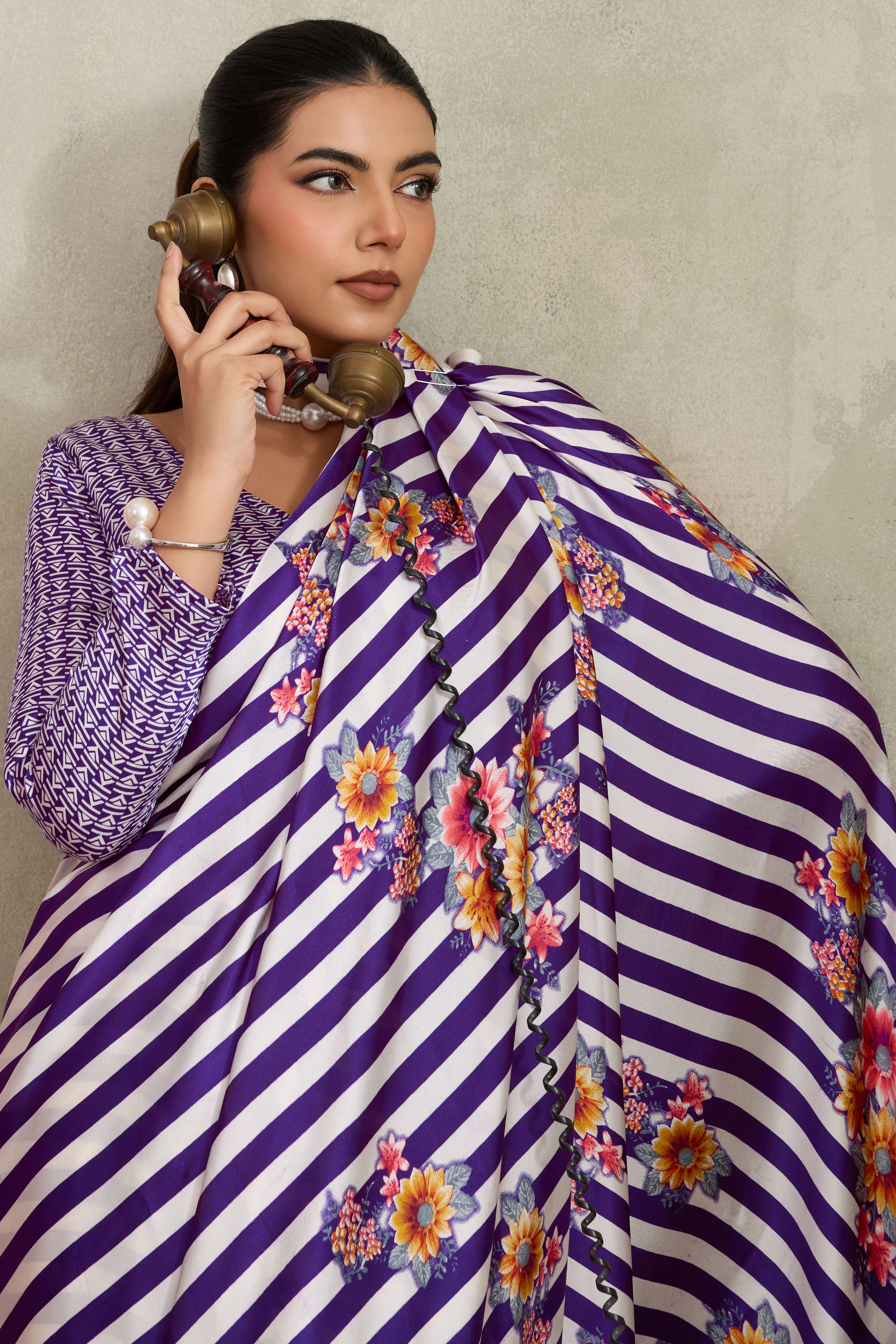 Purple Elegant Ajrakh Printed Modal Satin Saree Designed for Festive & Party Occasions