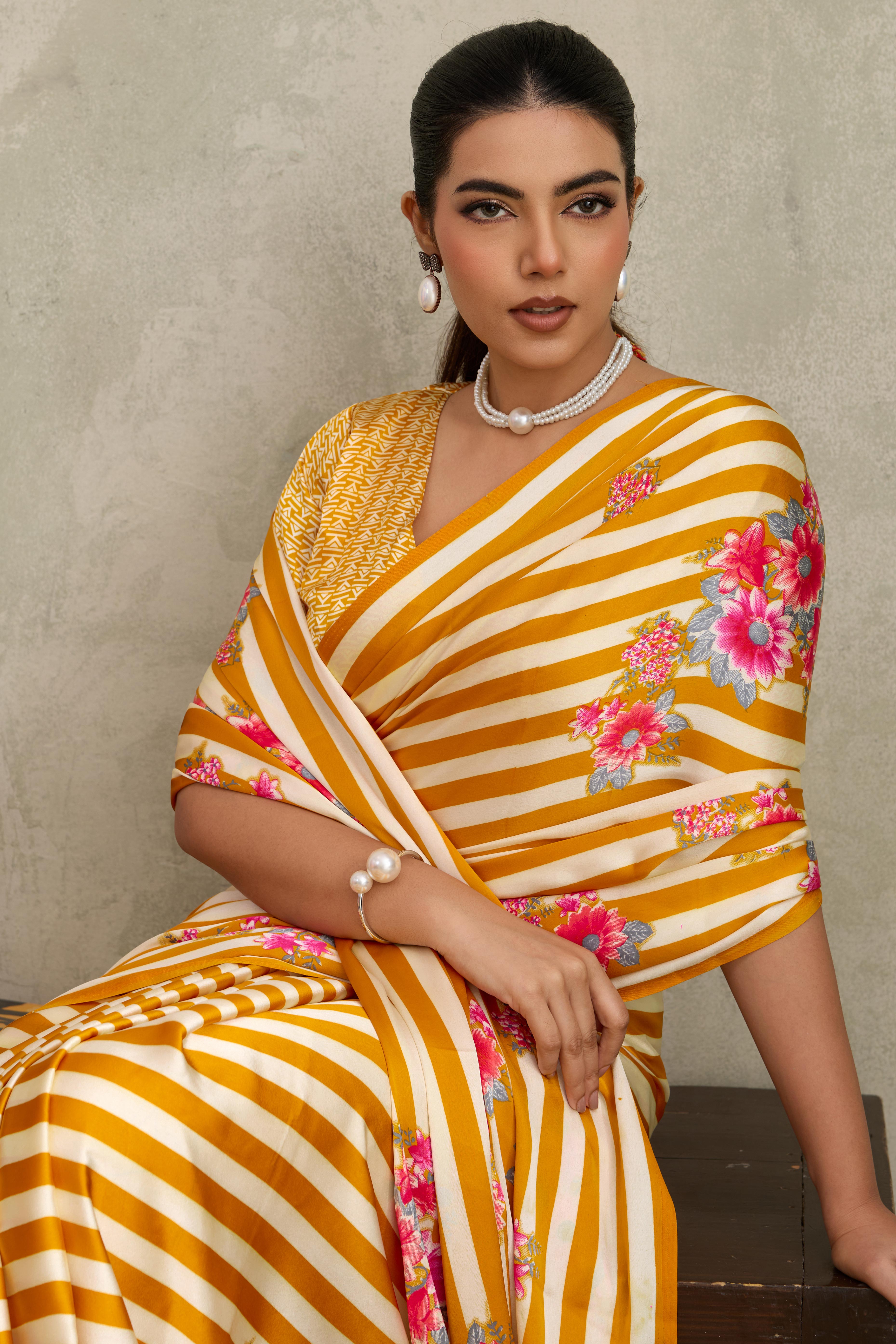 Mustard Elegant Ajrakh Printed Modal Satin Saree Designed for Festive & Party Occasions