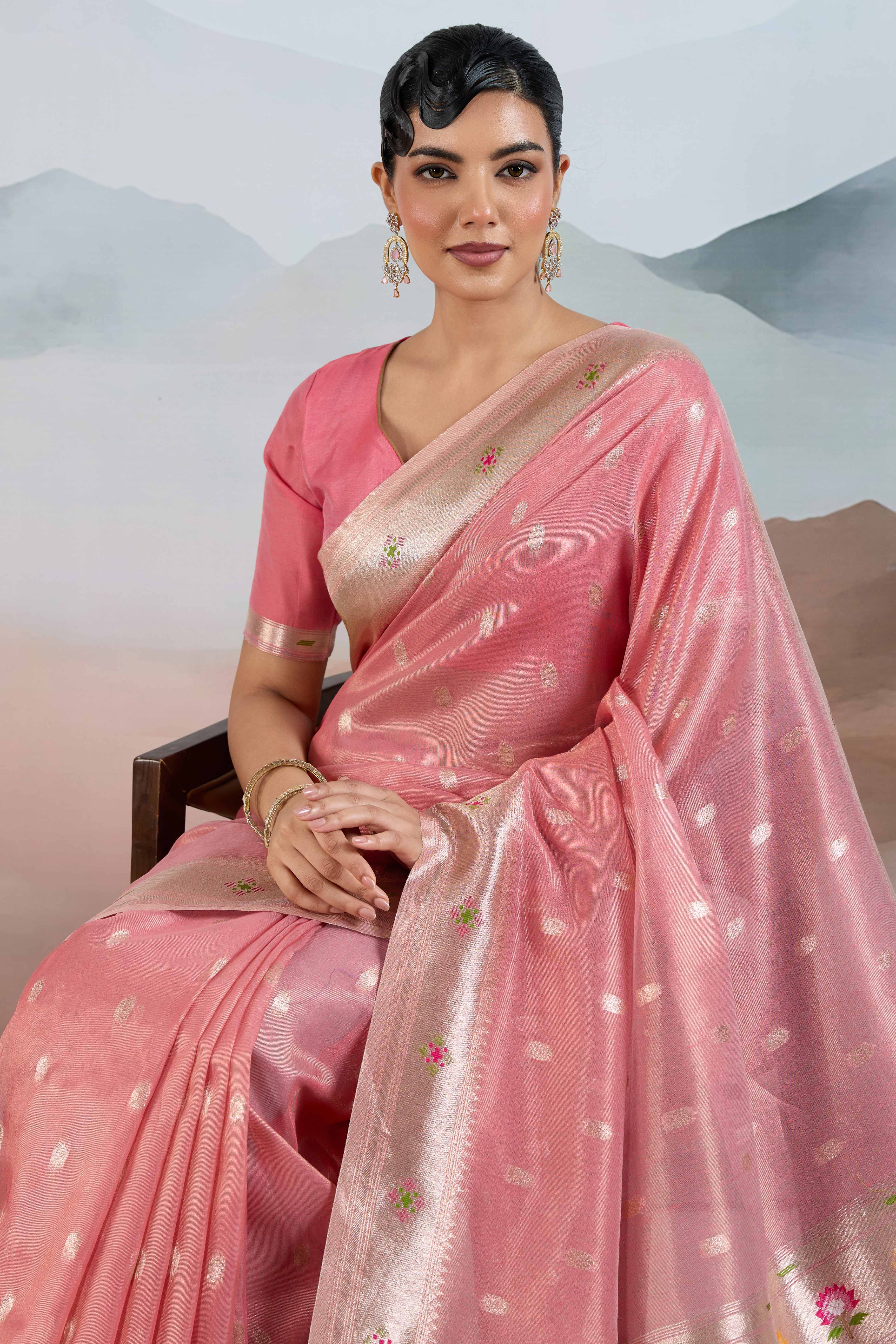 Pink Festive Tissue Saree Crafted with Artistic Zari Butti Weaving and a Featherlight Texture