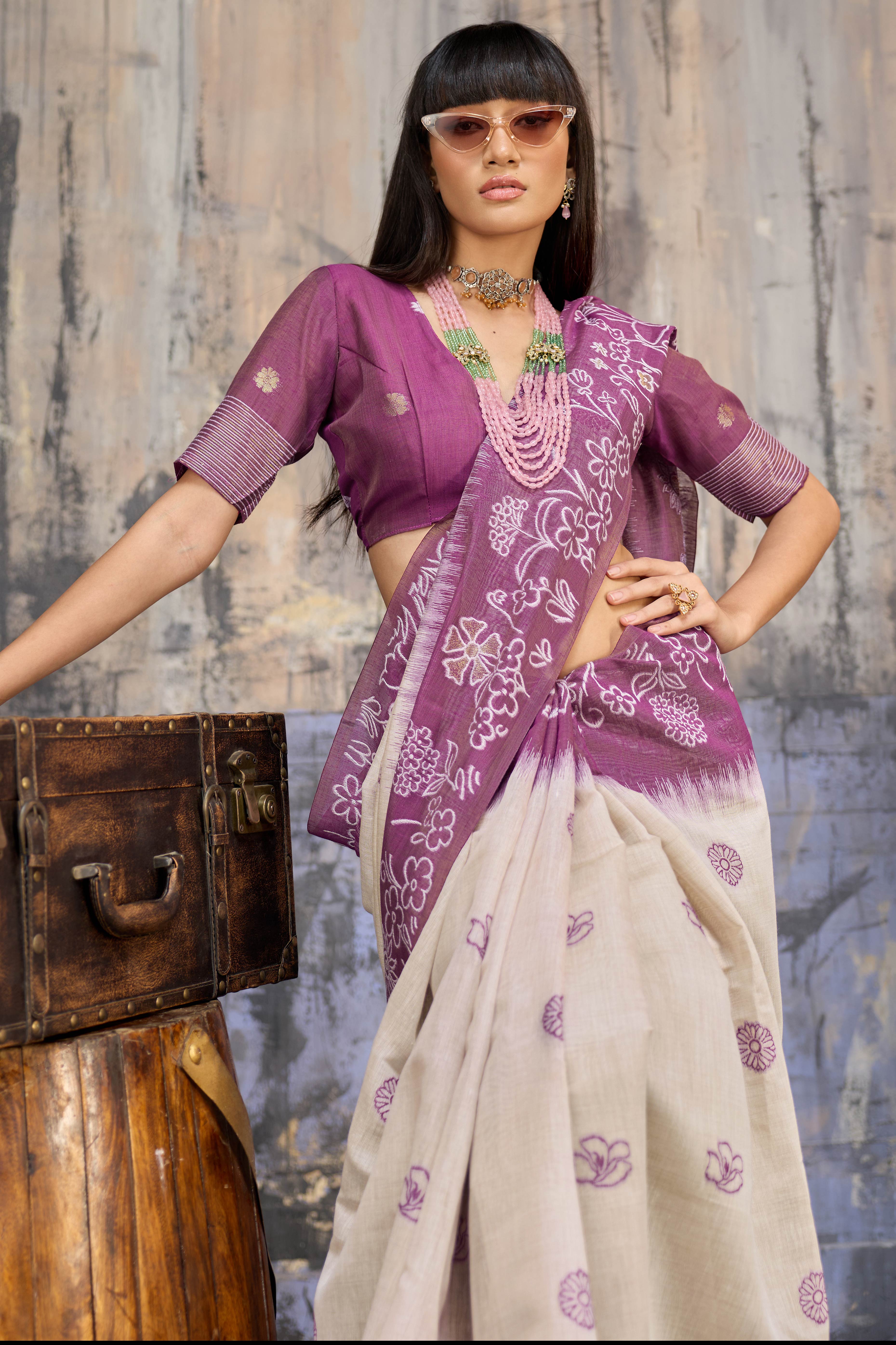 Beige & Purple Classic Munga Cotton Blend Saree with Intricate Floral Woven Detailing