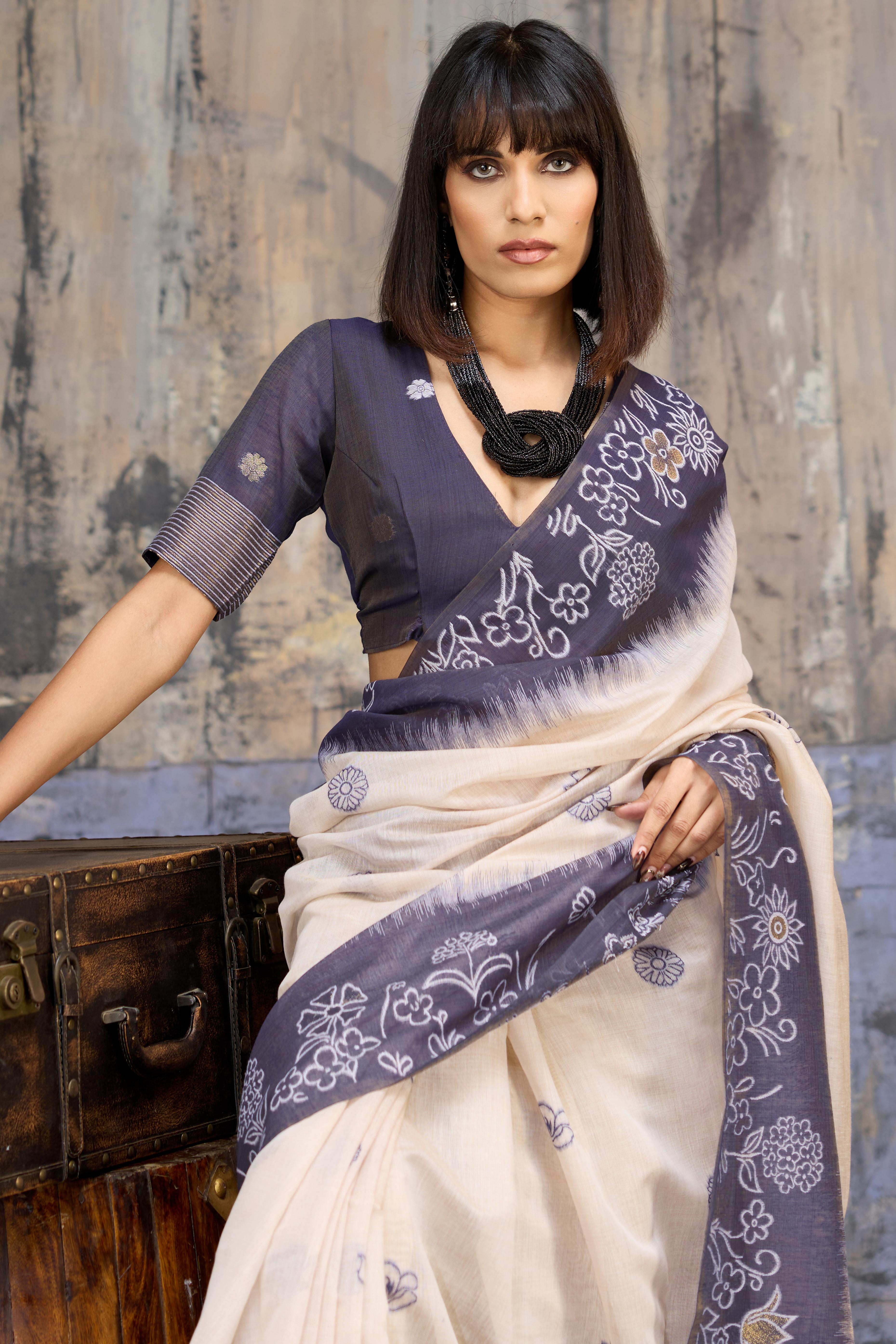 Beige & Blue Classic Munga Cotton Blend Saree with Intricate Floral Woven Detailing