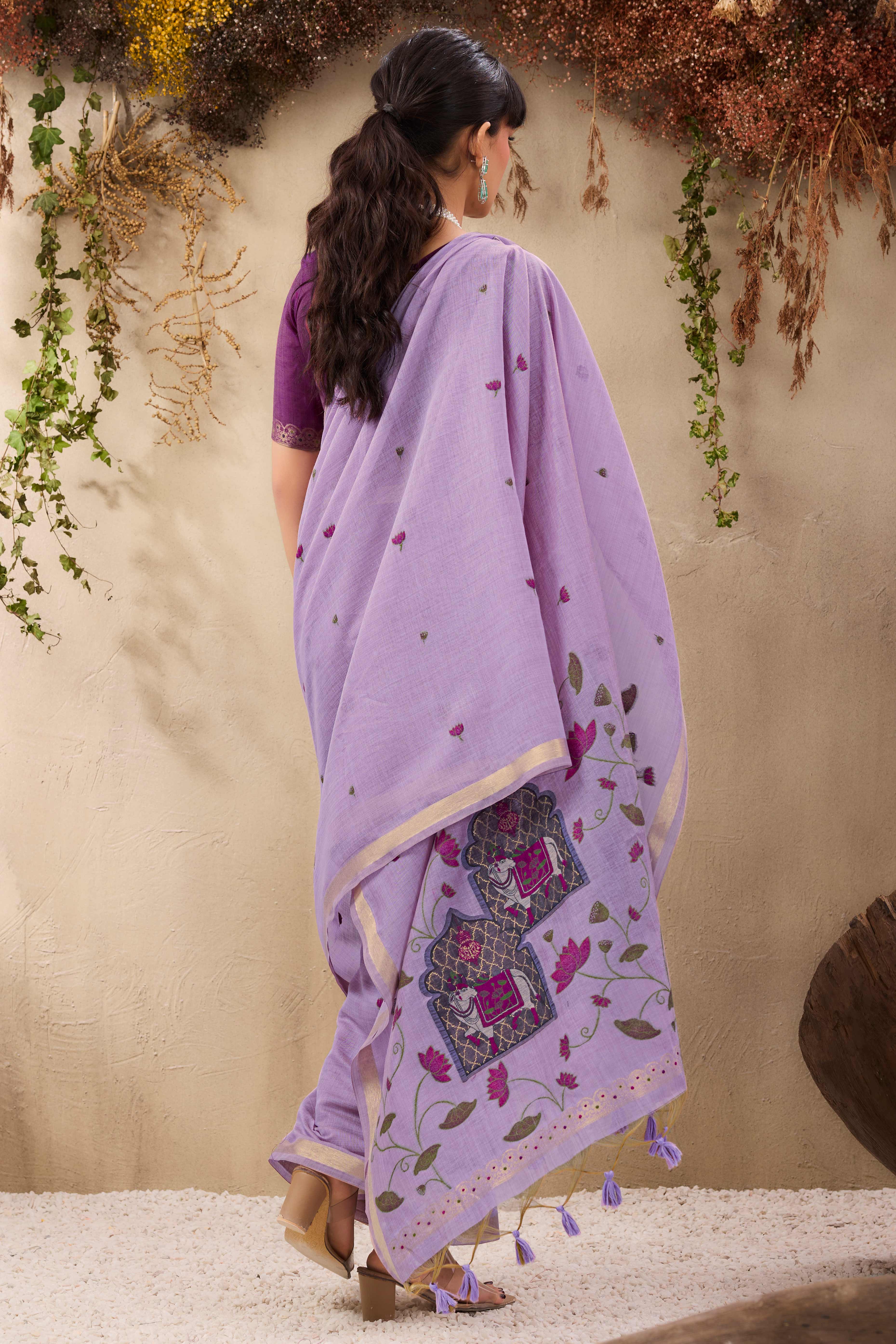 Purple Lightweight Handloom Munga Cotton Blend Saree Accented with Floral Woven Motifs