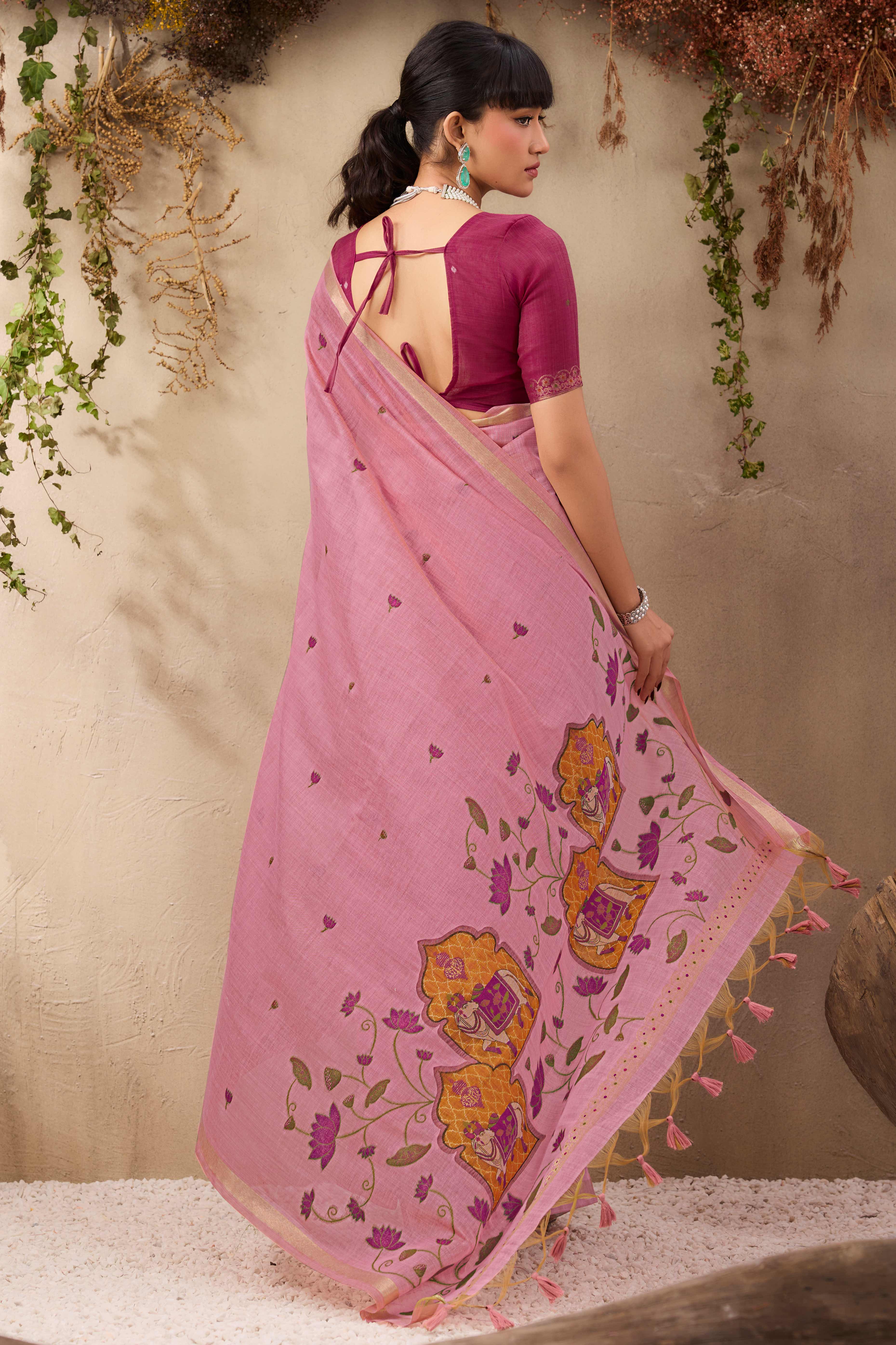 Pink Lightweight Handloom Munga Cotton Blend Saree Accented with Floral Woven Motifs