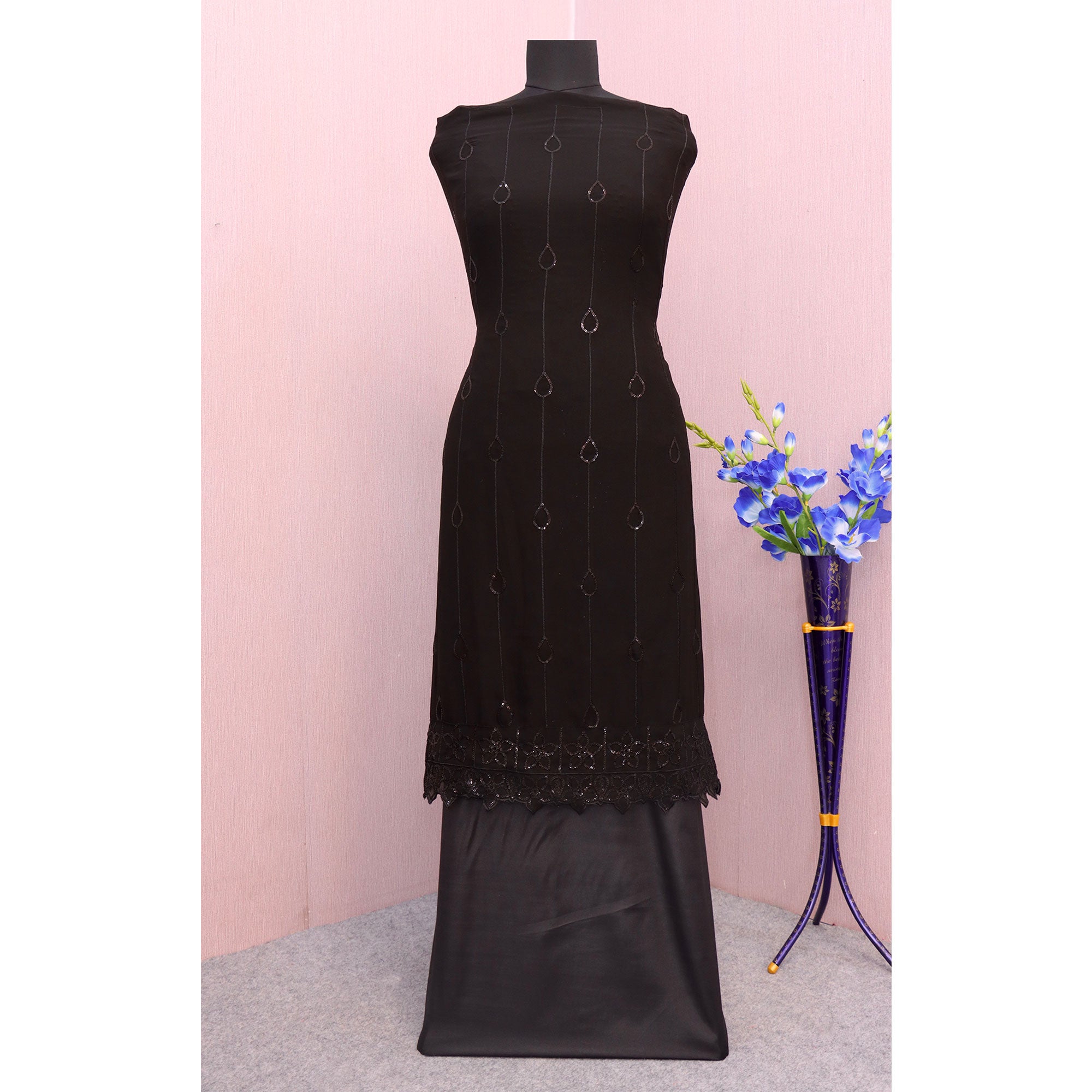 Black Embroidered Georgette Semi Stitched Pakistani Suit