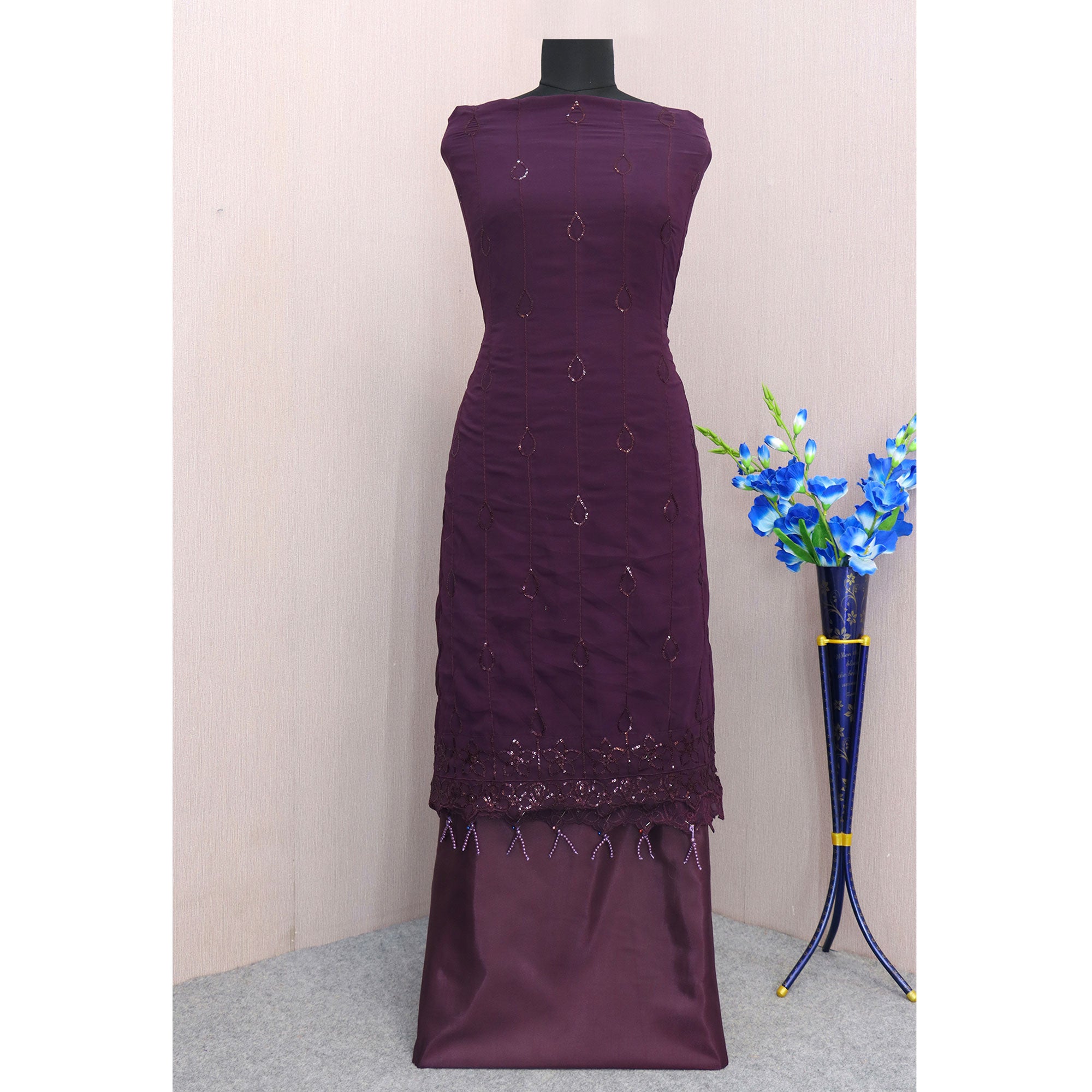 Purple Embroidered Georgette Semi Stitched Pakistani Suit