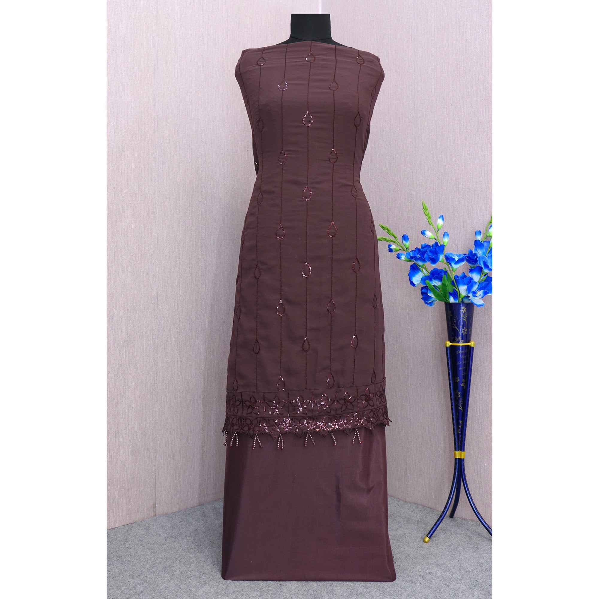 Wine Embroidered Georgette Semi Stitched Pakistani Suit