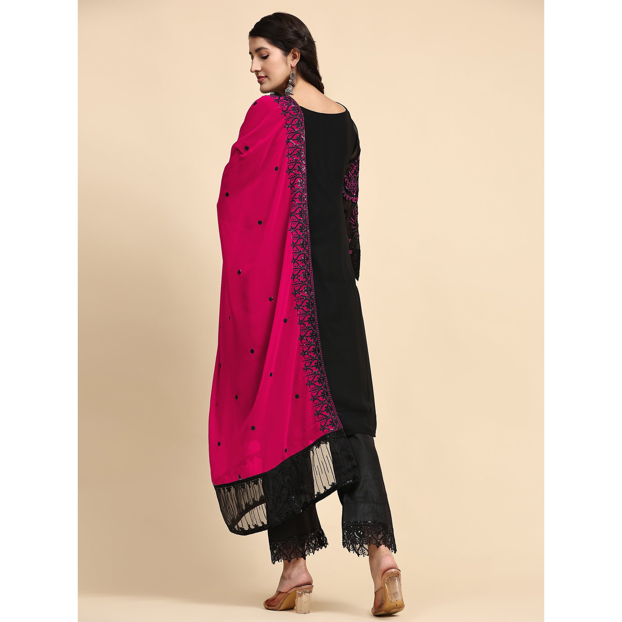 Black & Pink Floral Embroidered Georgette Semi Stitched Pakistani Suit
