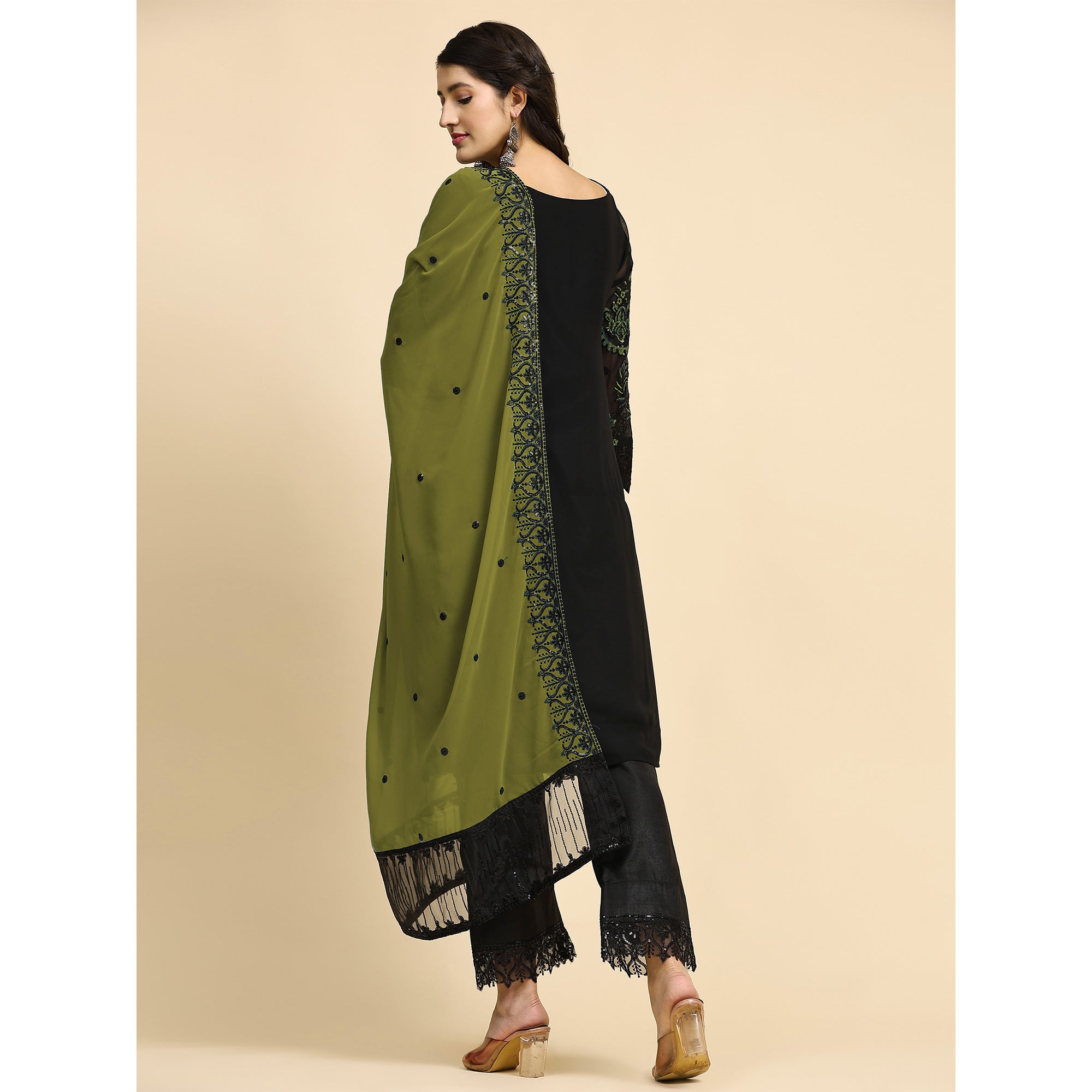 Black & Green Floral Embroidered Georgette Semi Stitched Pakistani Suit