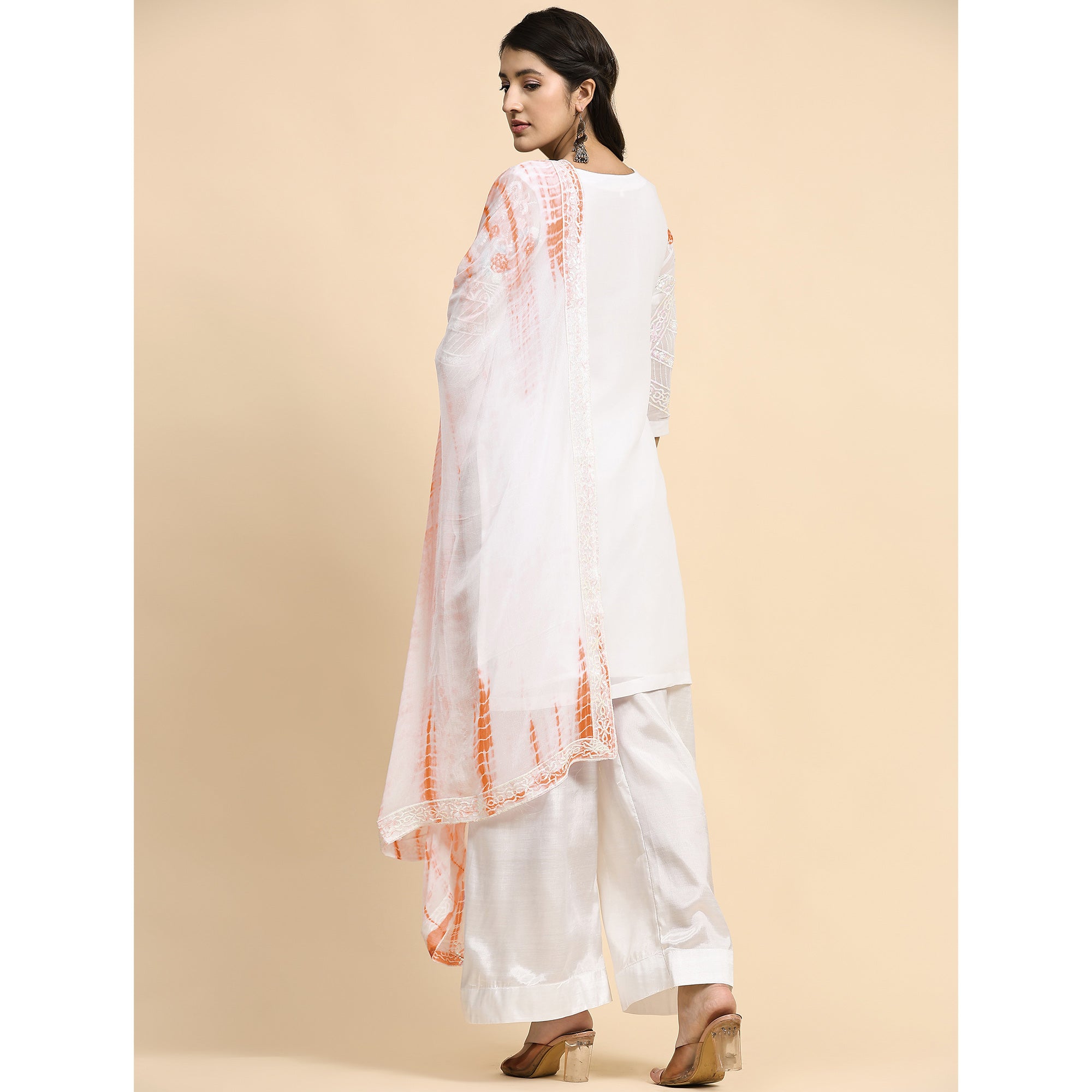 White & Orange Floral Sequins Embroidered Georgette Semi Stitched Pakistani Suit