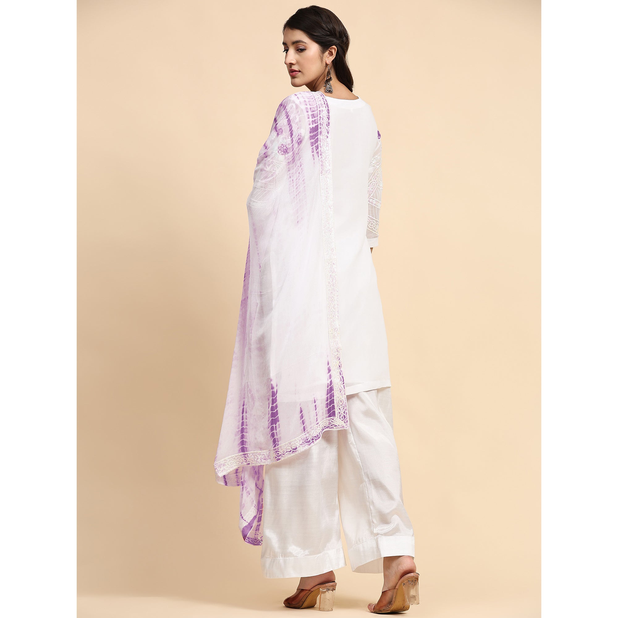 White & Purple Floral Sequins Embroidered Georgette Semi Stitched Pakistani Suit