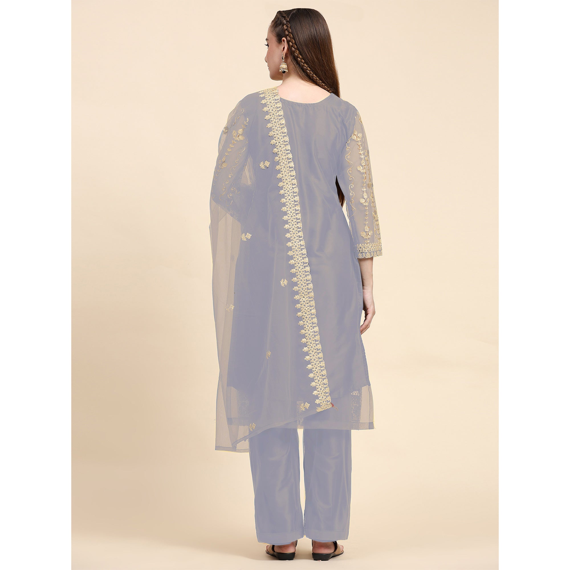 Grey Sequins Embroidered Net Semi Stitched Pakistani Suit