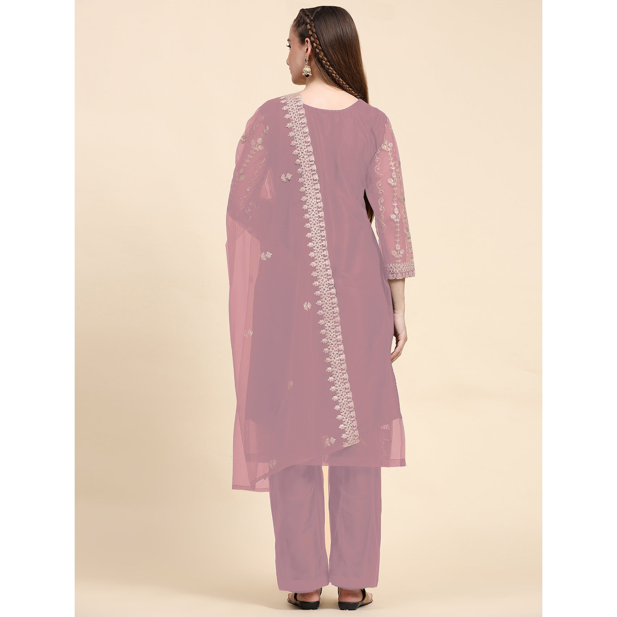 Pastel Pink Sequins Embroidered Net Semi Stitched Pakistani Suit