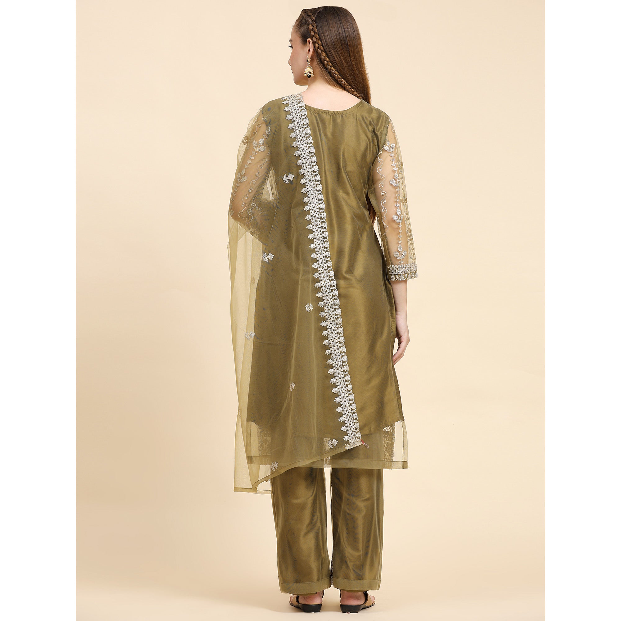 Mehndi Green Sequins Embroidered Net Semi Stitched Pakistani Suit