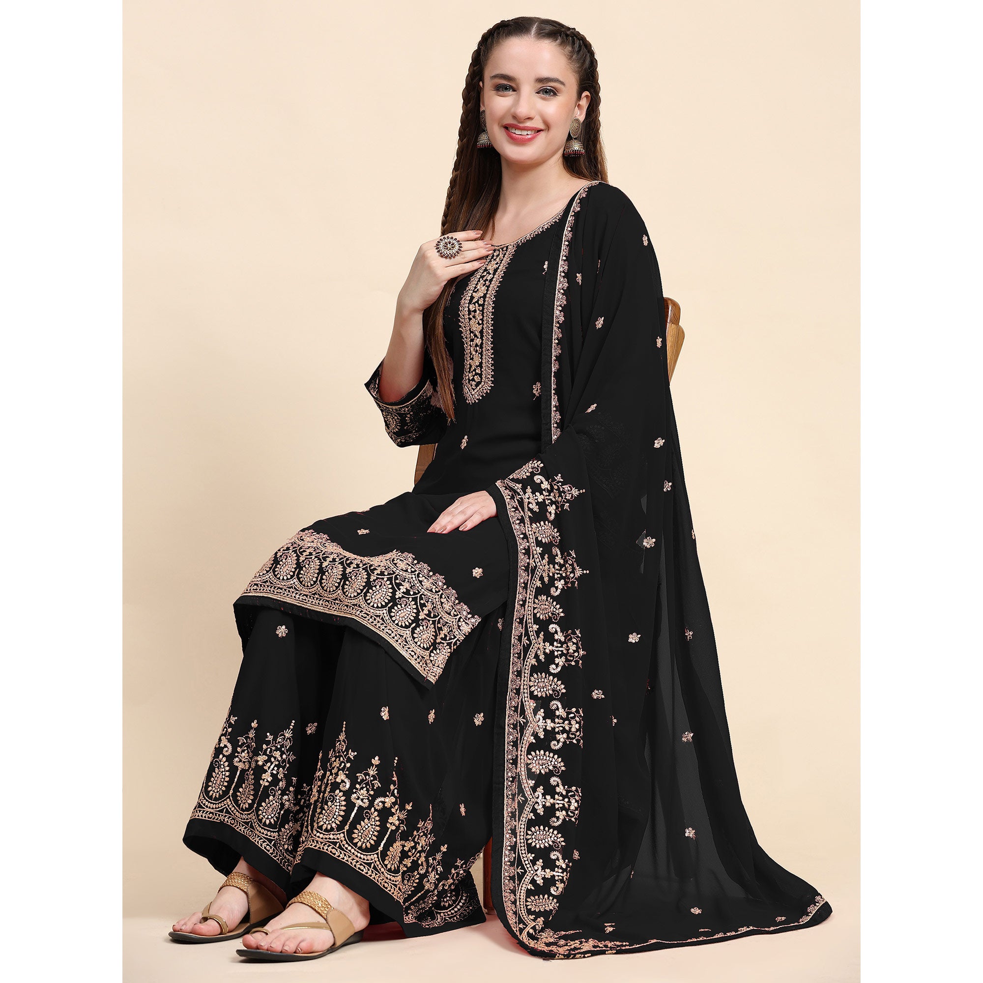 Black Floral Embroidered Georgette Semi Stitched Suit