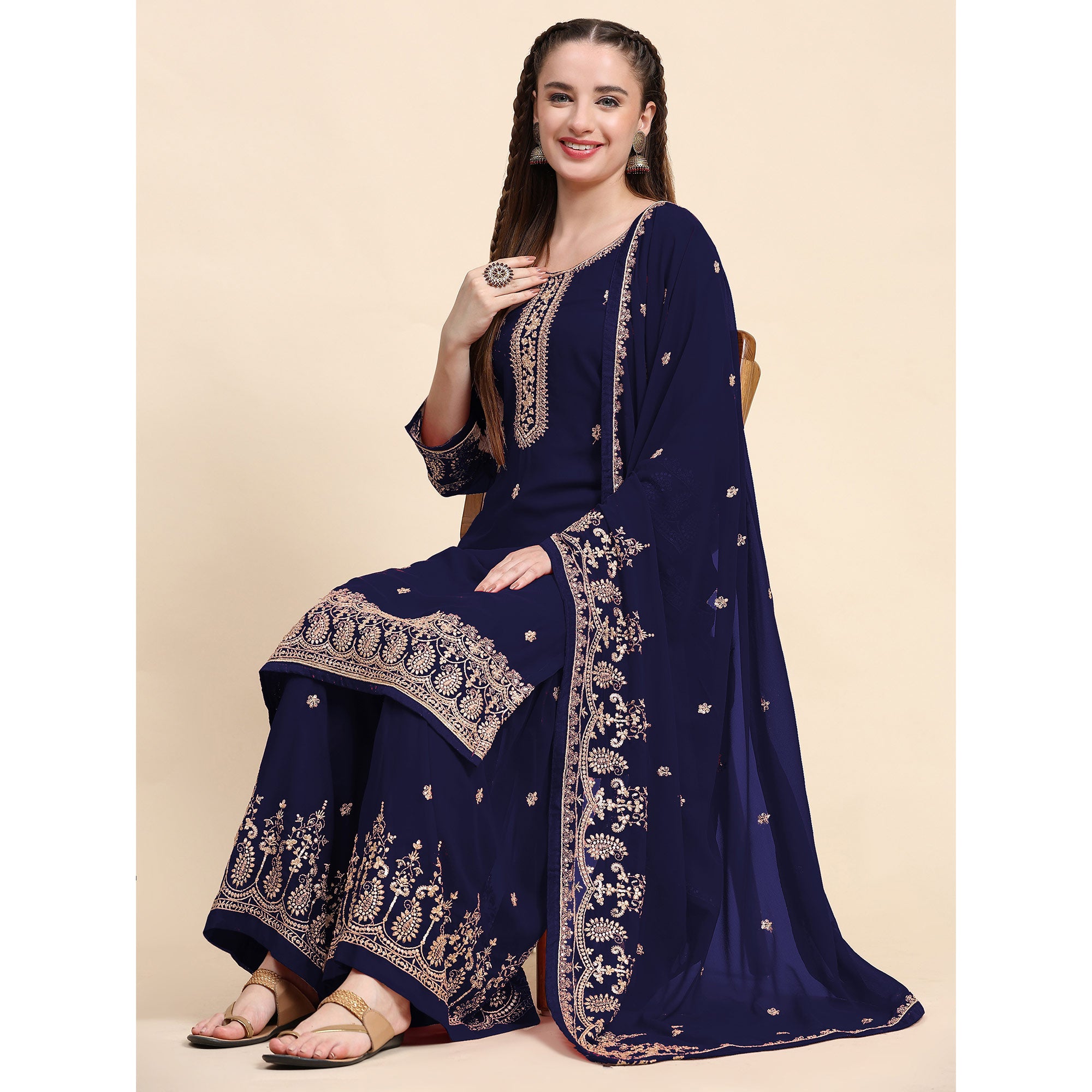 Blue Floral Embroidered Georgette Semi Stitched Suit