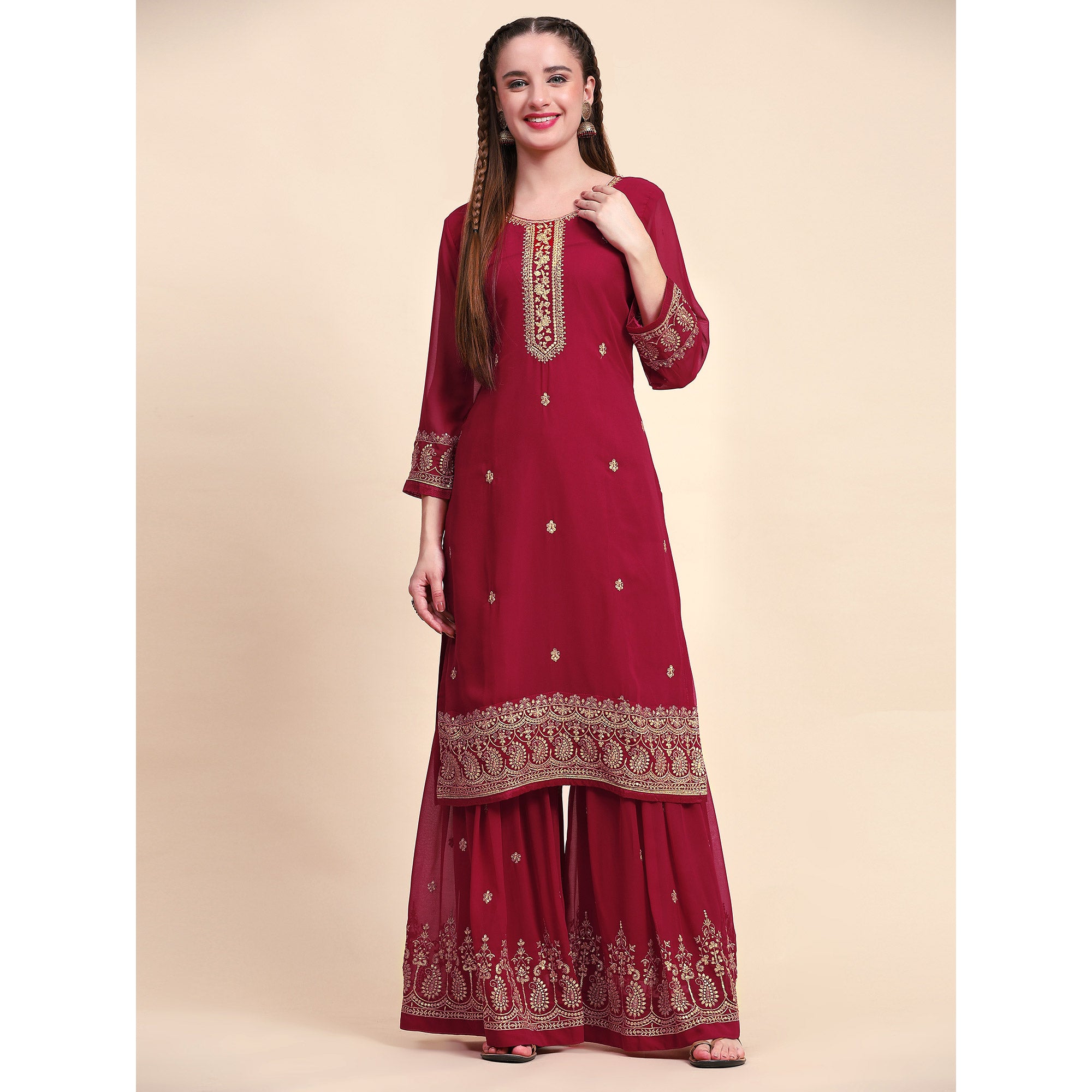 Maroon Floral Embroidered Georgette Semi Stitched Suit