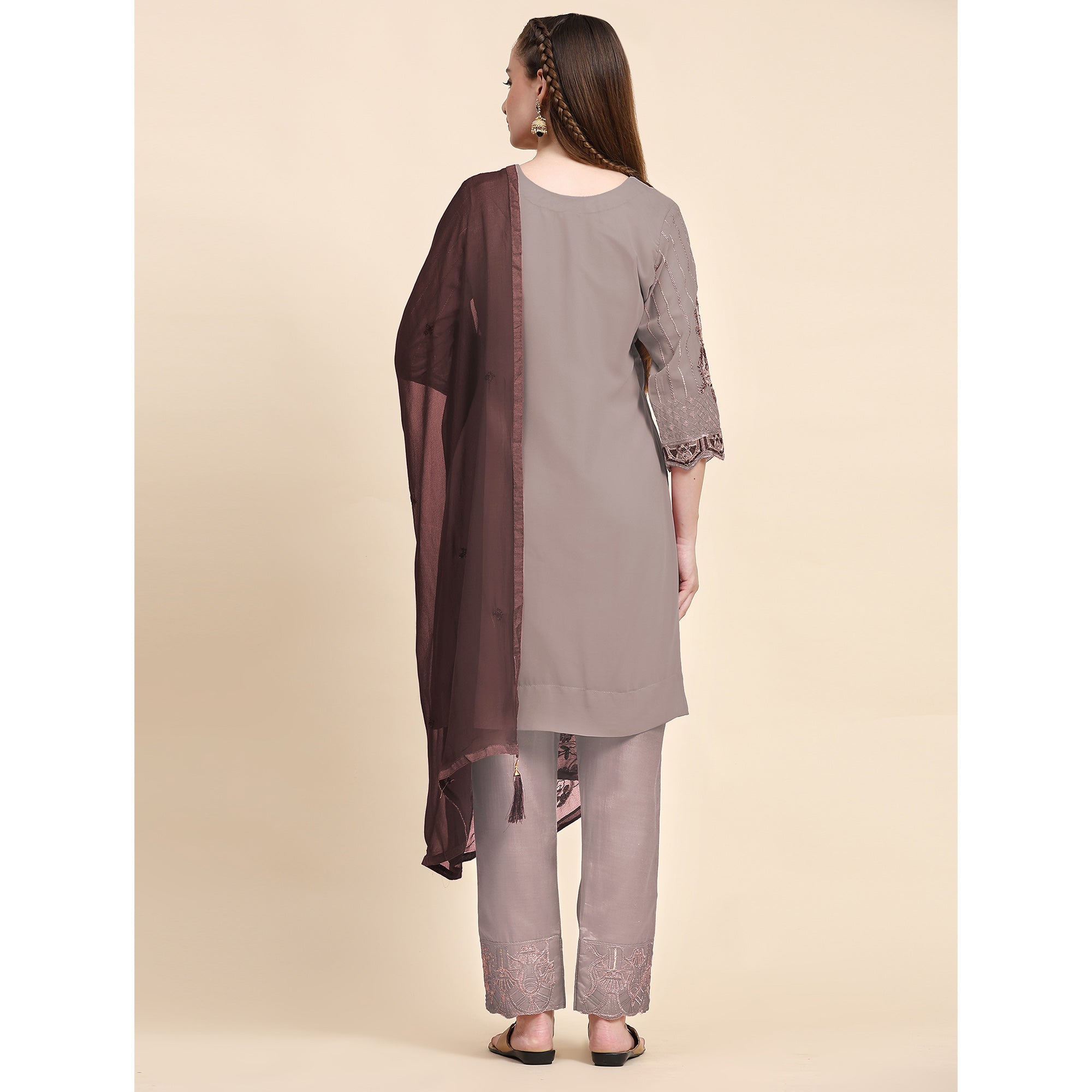 Brown Floral Embroidered Georgette Semi Stitched Pakistani Suit