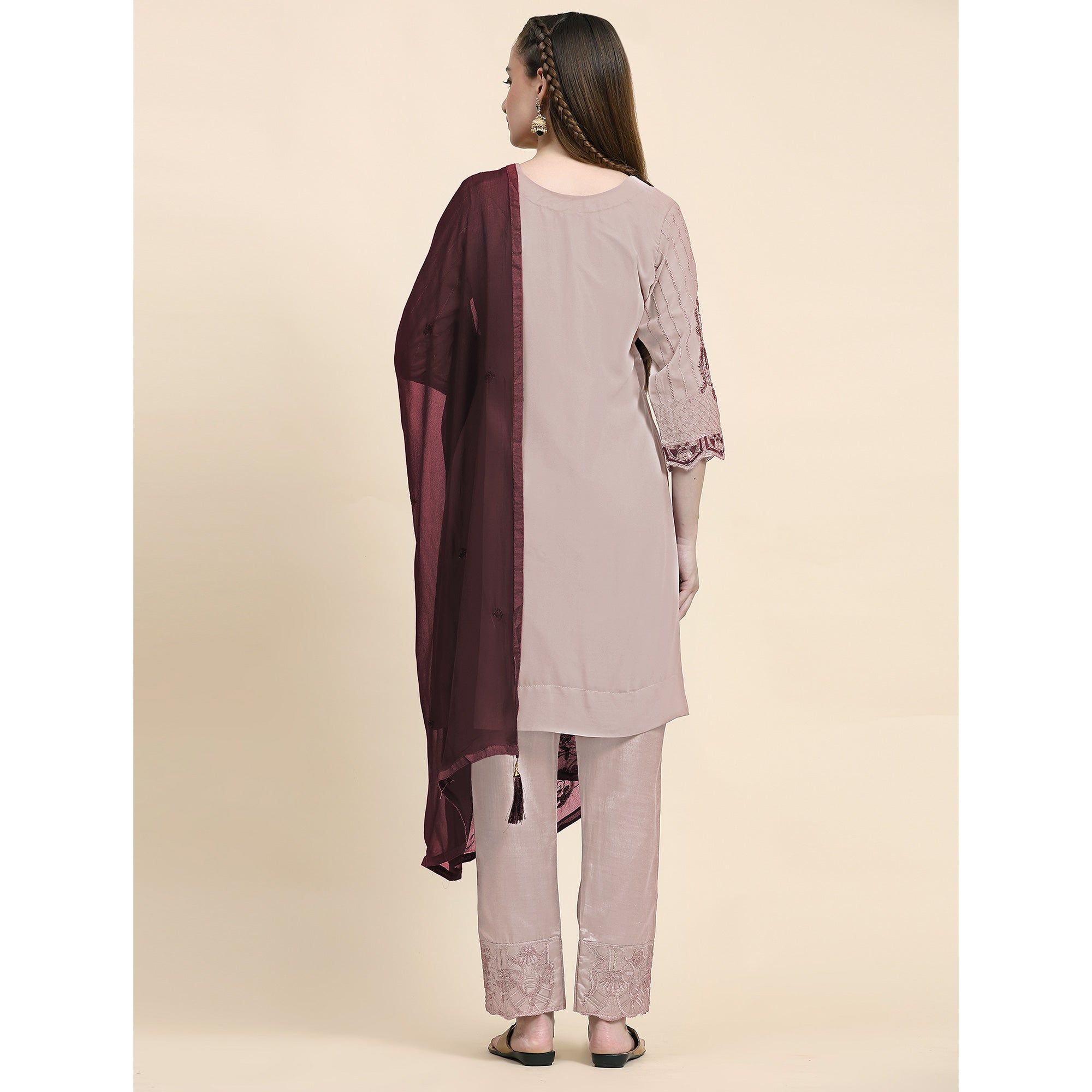 Beige Floral Embroidered Georgette Semi Stitched Pakistani Suit