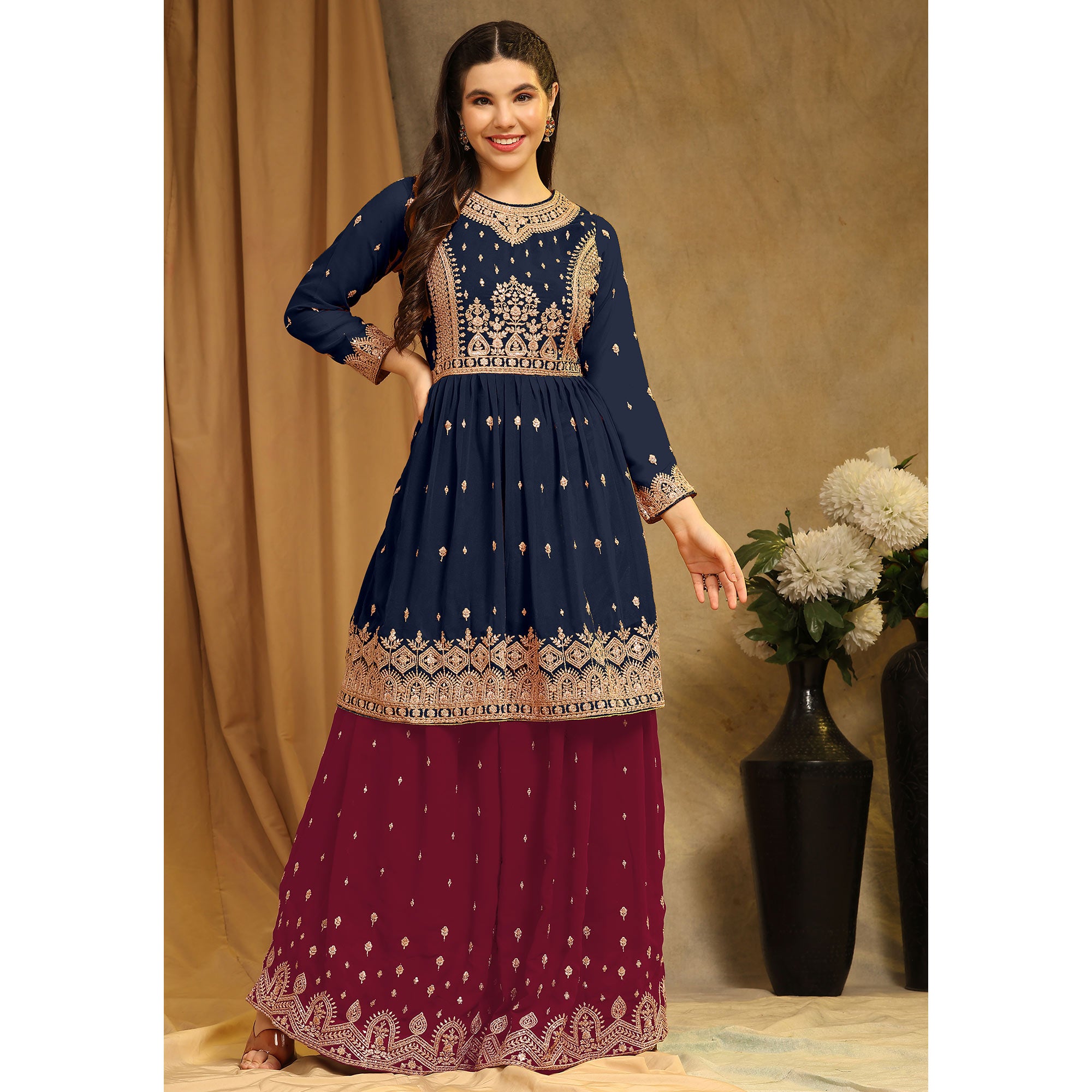 Blue Floral Embroidered Georgette Semi Stitched Sharara Suit
