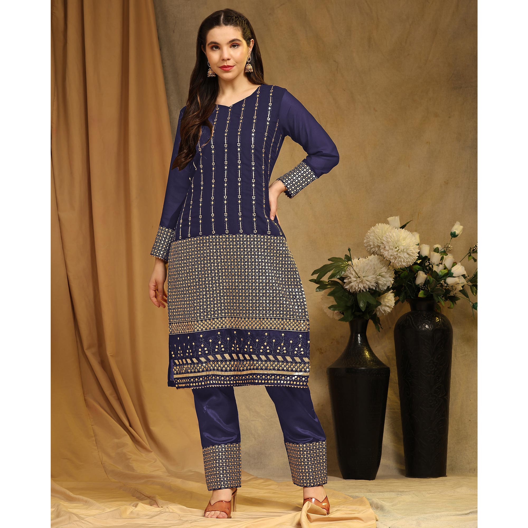 Navy Blue Sequins Embroidered Georgette Semi Stitched Salwar Suit