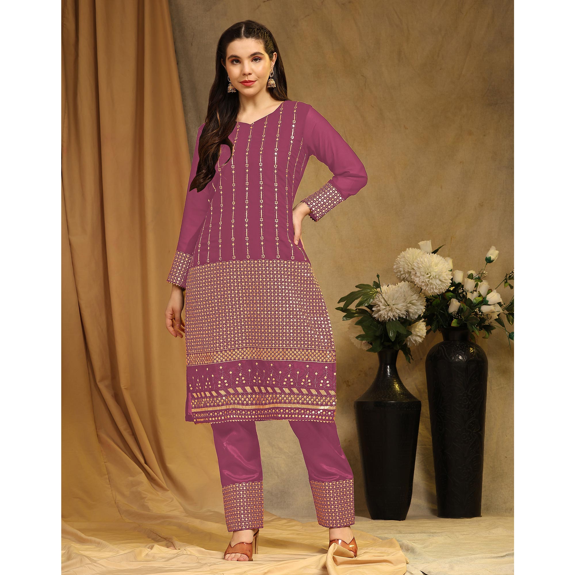 Pink Sequins Embroidered Georgette Semi Stitched Salwar Suit