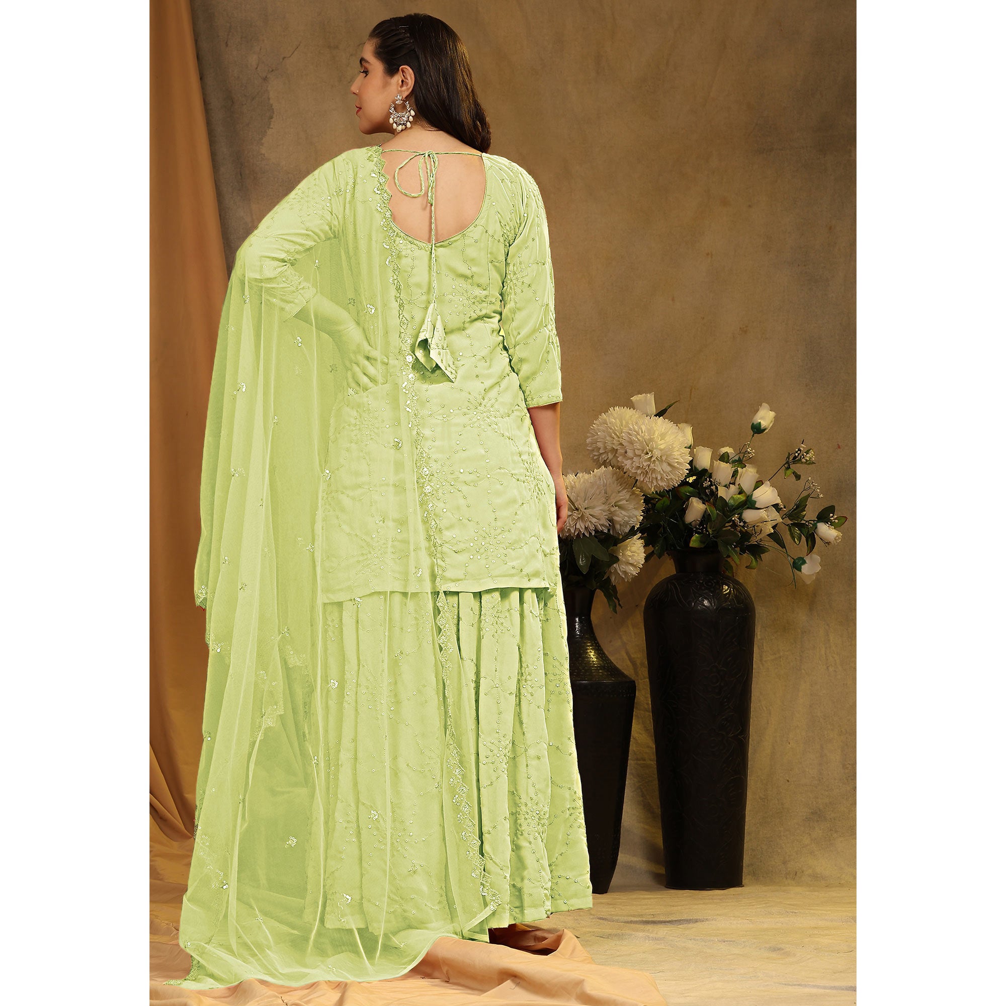 Parrot Green Embroidered Georgette Semi Stitched Sharara Suit