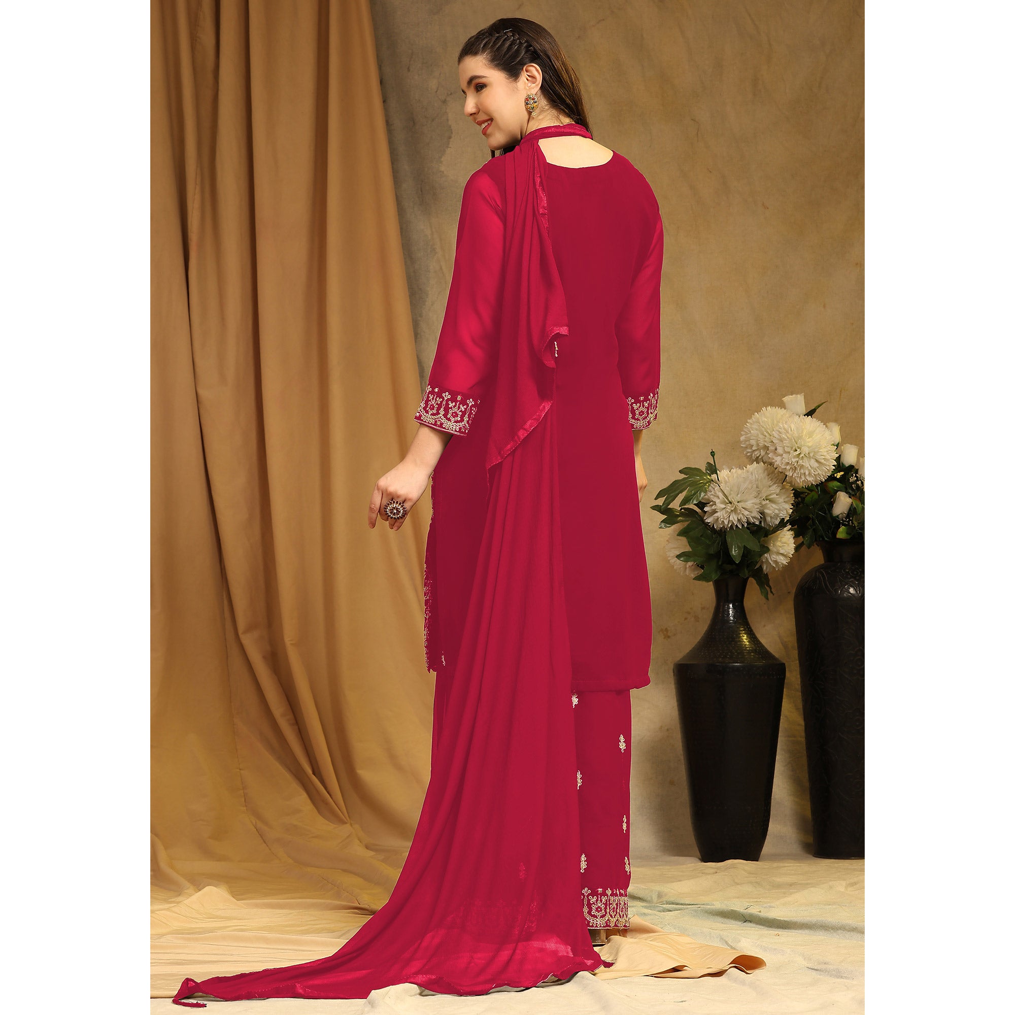 Pink Floral Embroidered Georgette Semi Stitched Suit