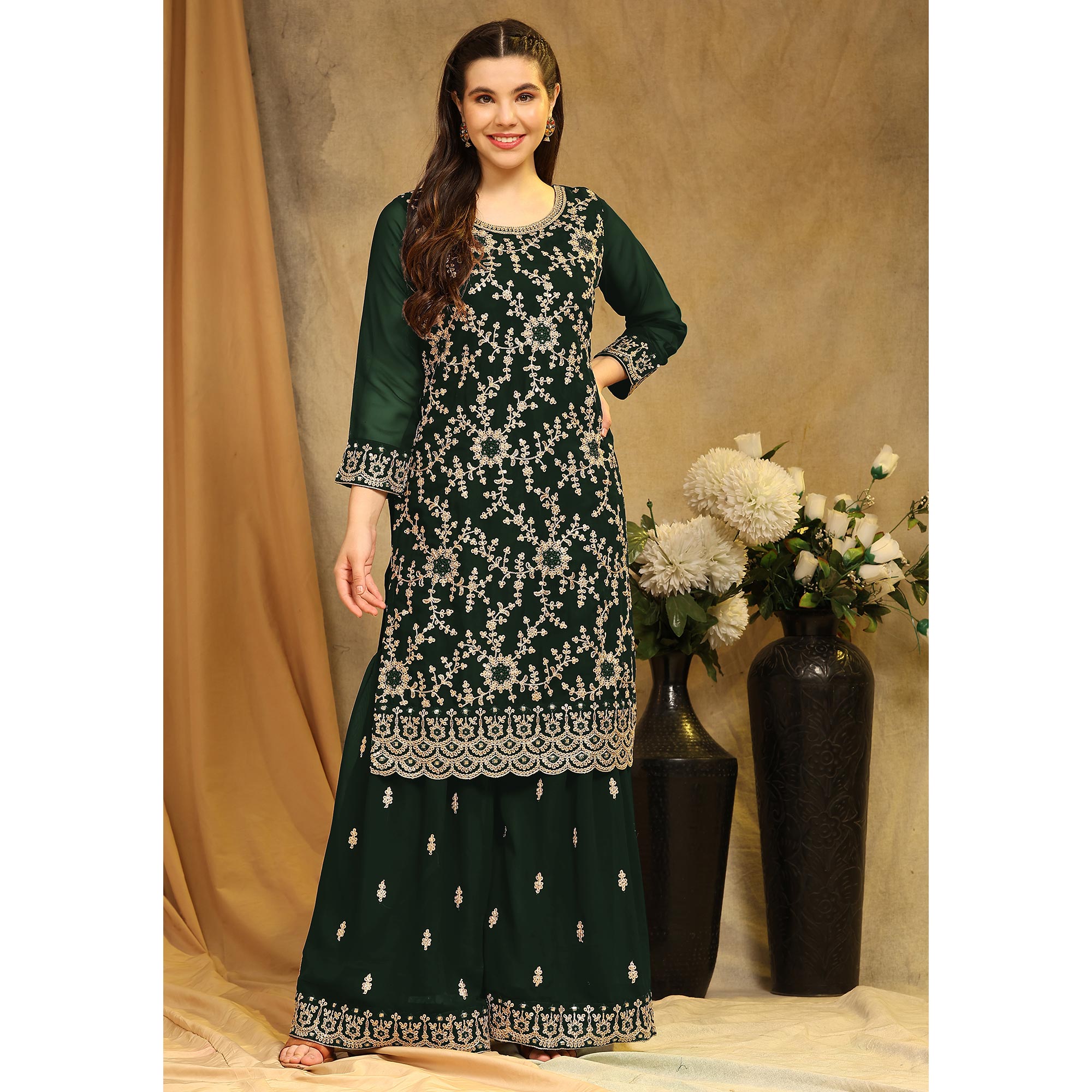 Bottle Green Floral Embroidered Georgette Semi Stitched Suit