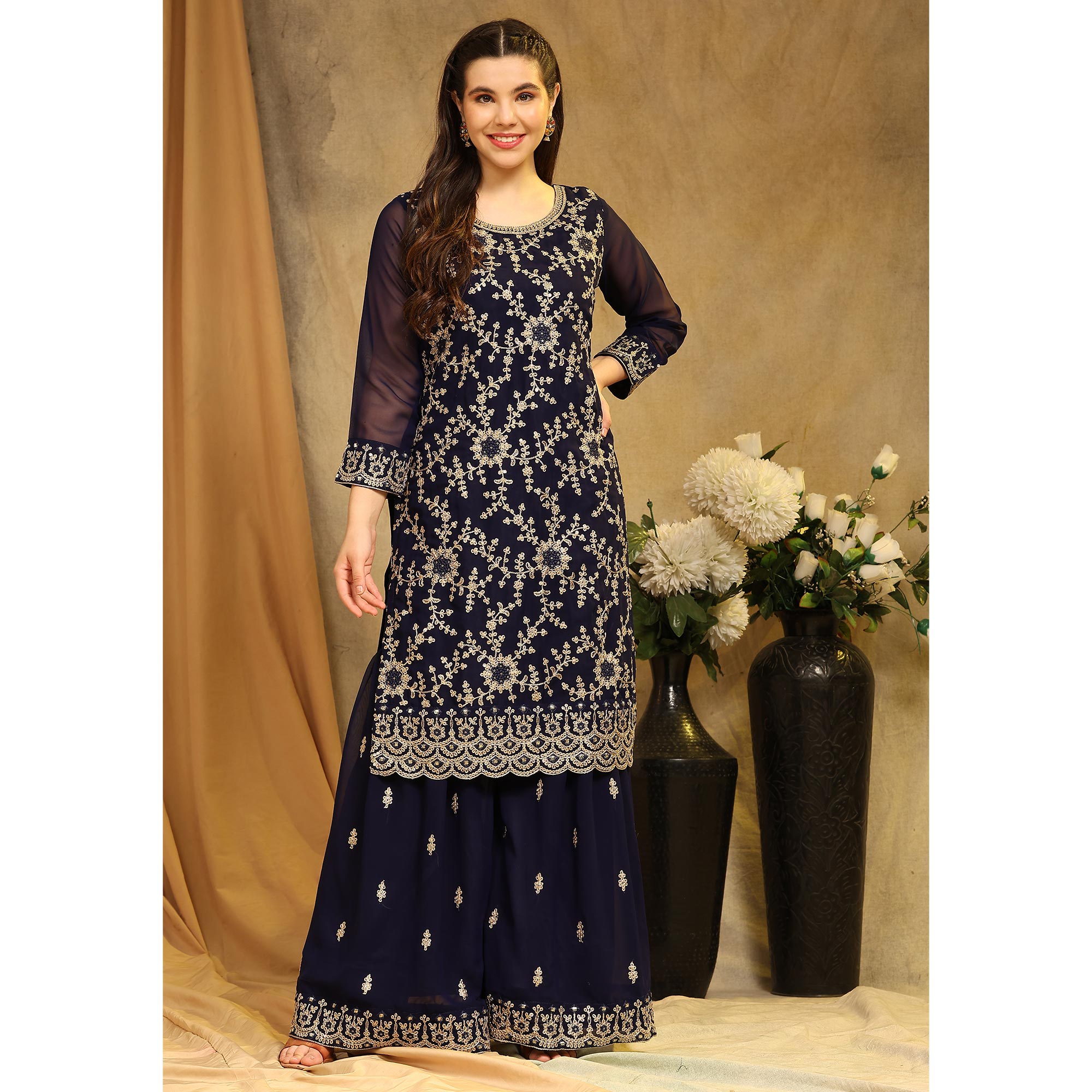 Blue Floral Embroidered Georgette Semi Stitched Suit