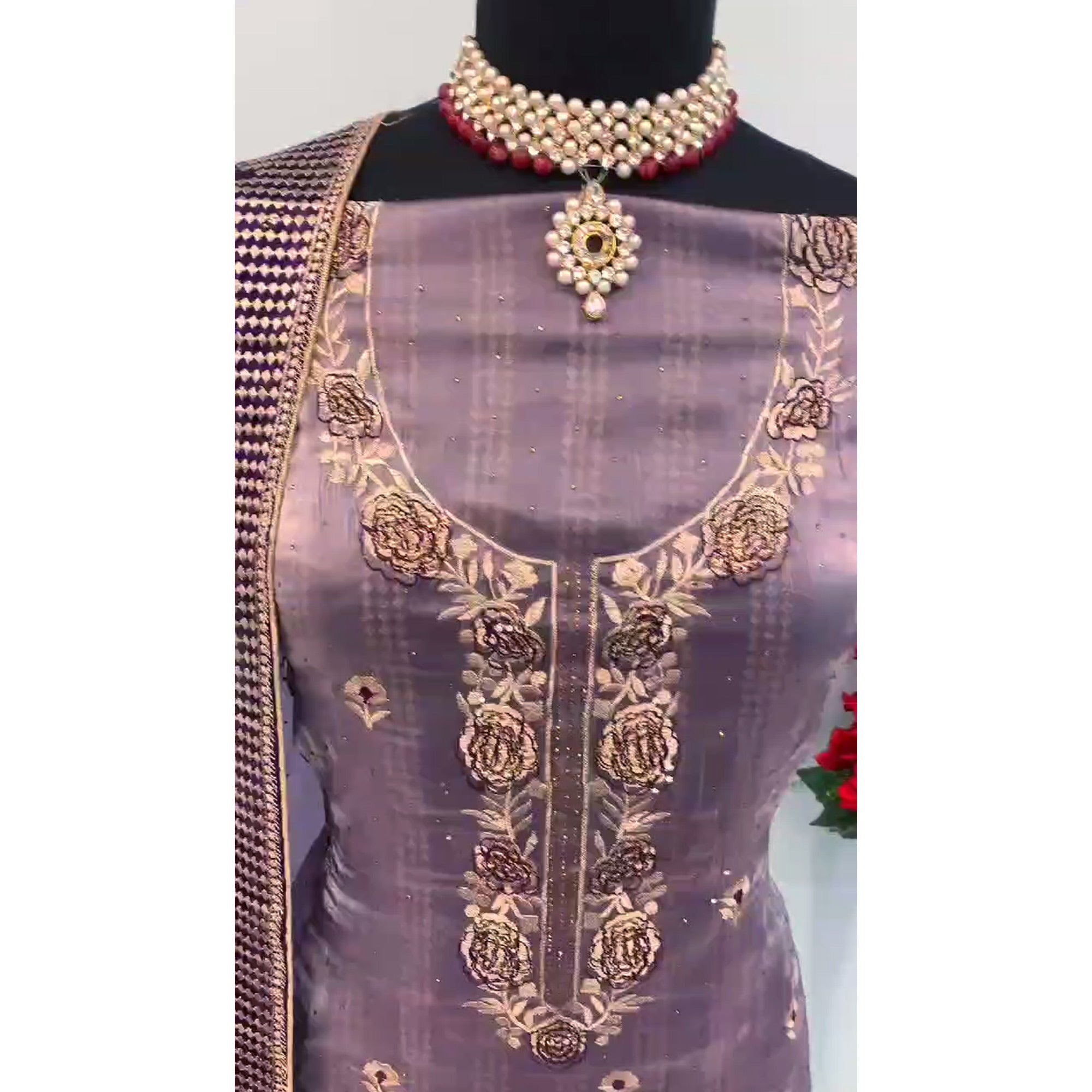 Purple Floral Embroidery With Swarovski Work Jimmy Choo Tissue Semi Stitched Suit