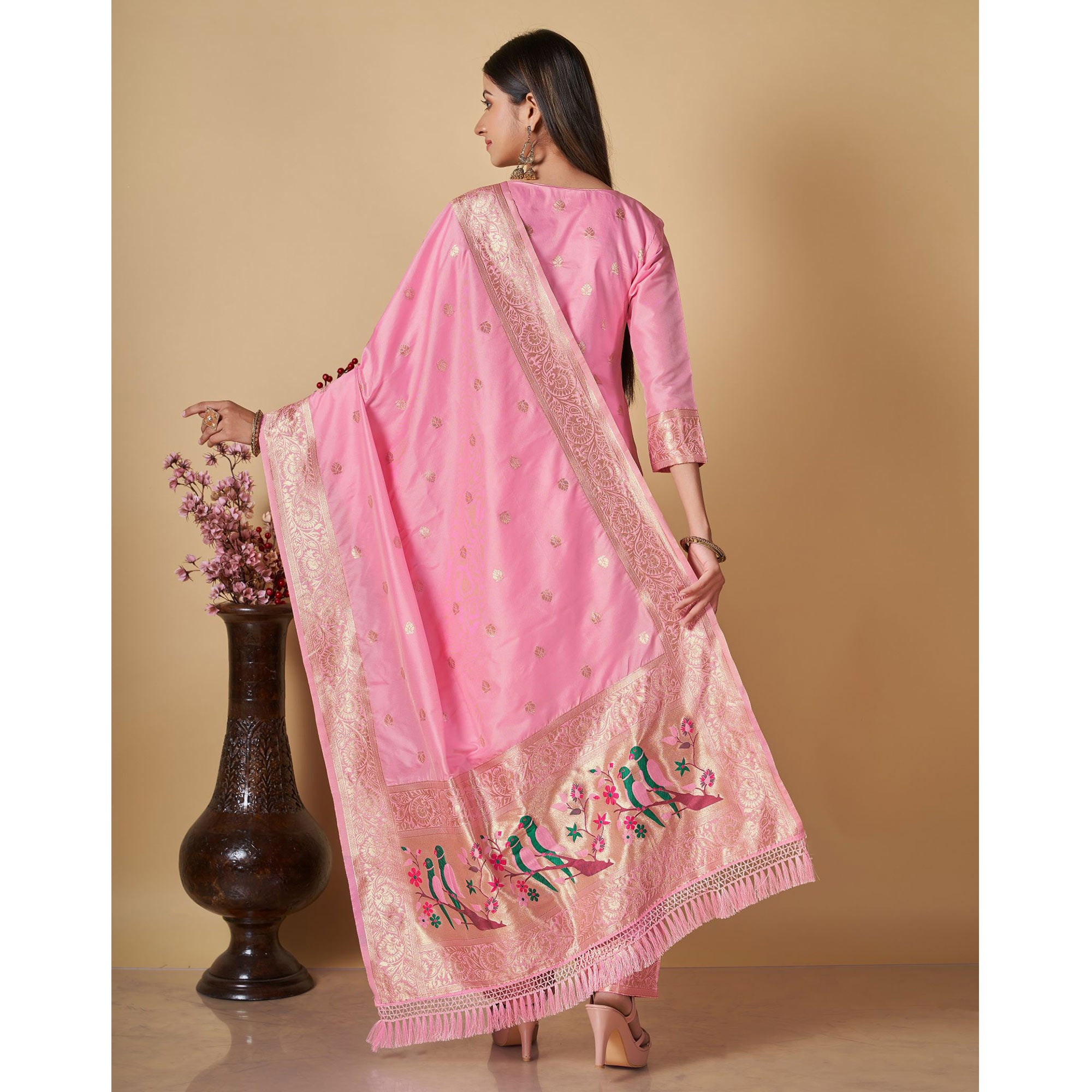 Baby Pink Floral Woven Banarasi Silk Paithani Dress Material