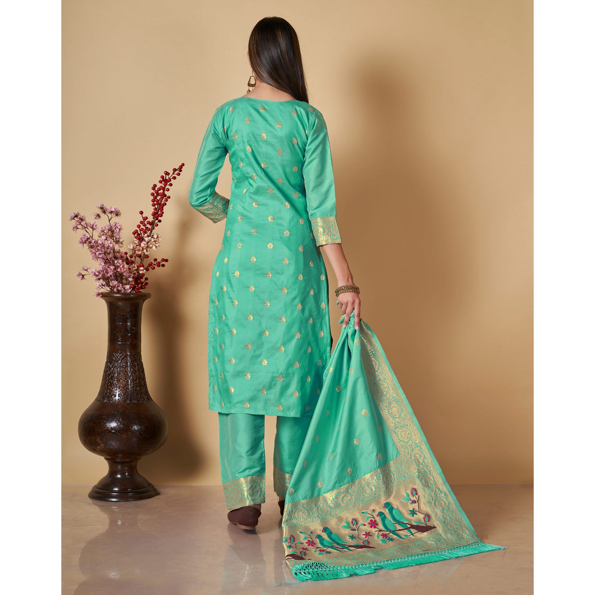 Sea Green Floral Woven Banarasi Silk Paithani Dress Material