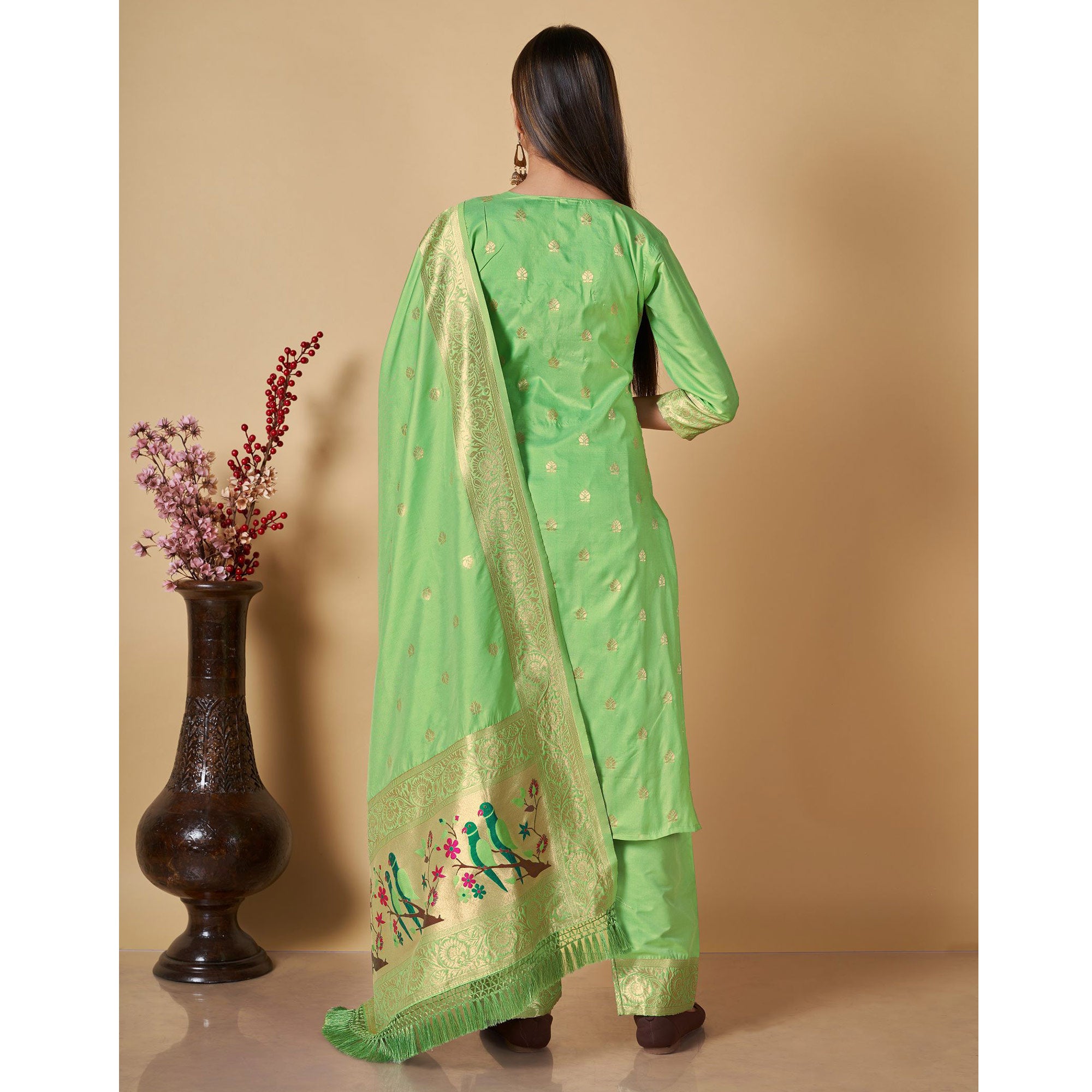 Pista Green Floral Woven Banarasi Silk Paithani Dress Material