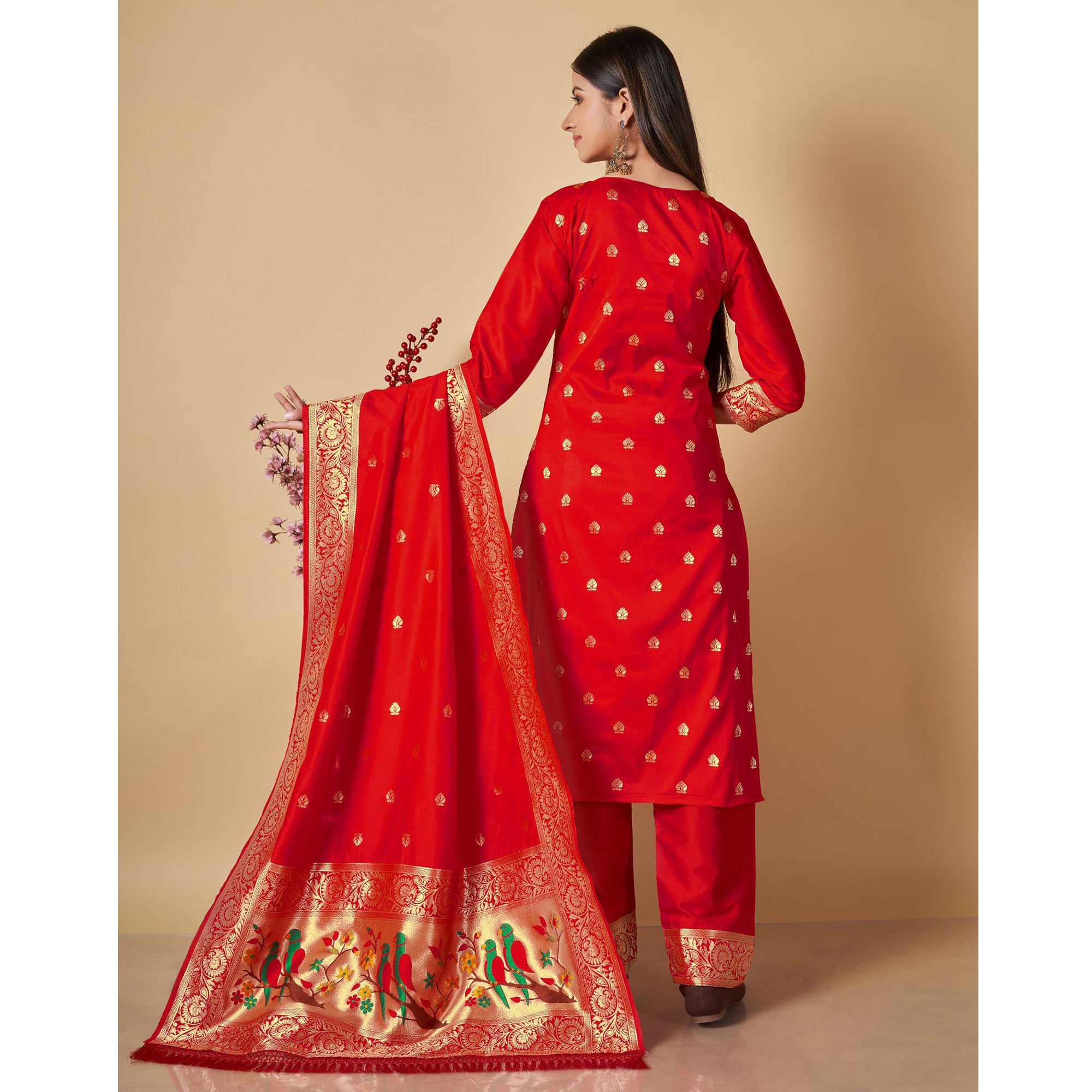 Red Floral Woven Banarasi Silk Paithani Dress Material