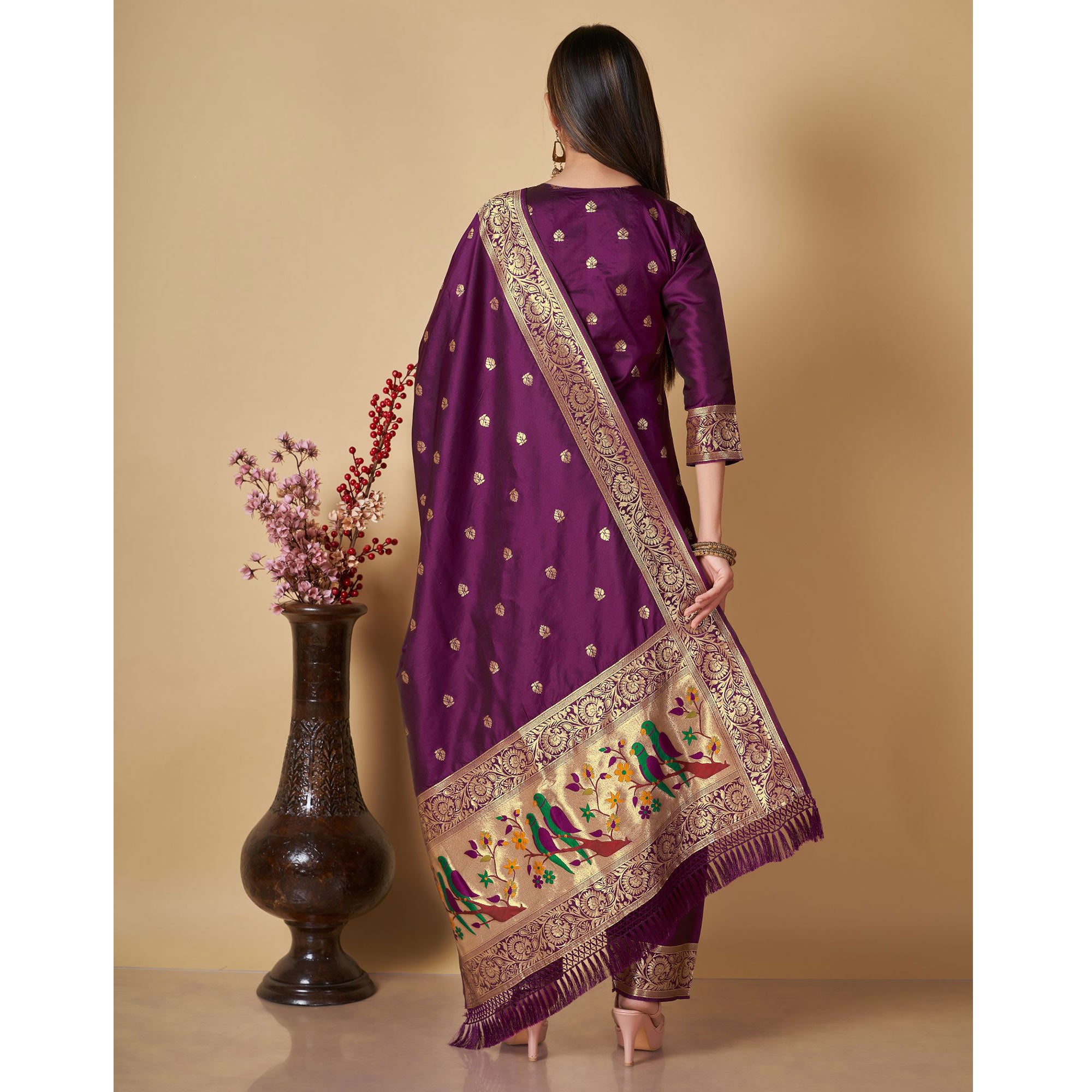 Purple Floral Woven Banarasi Silk Paithani Dress Material
