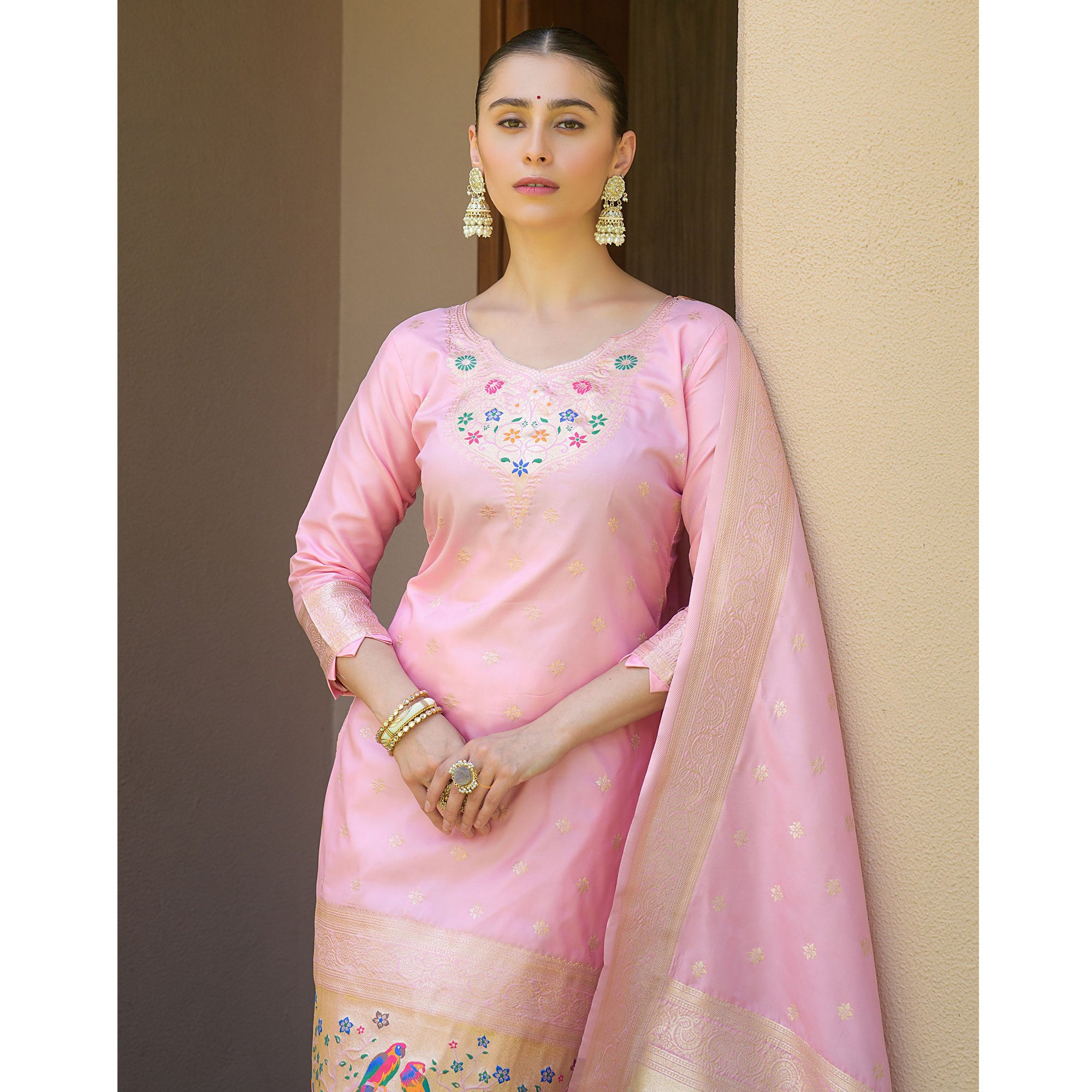 Baby Pink Floral Woven Banarasi Silk Paithani Dress Material
