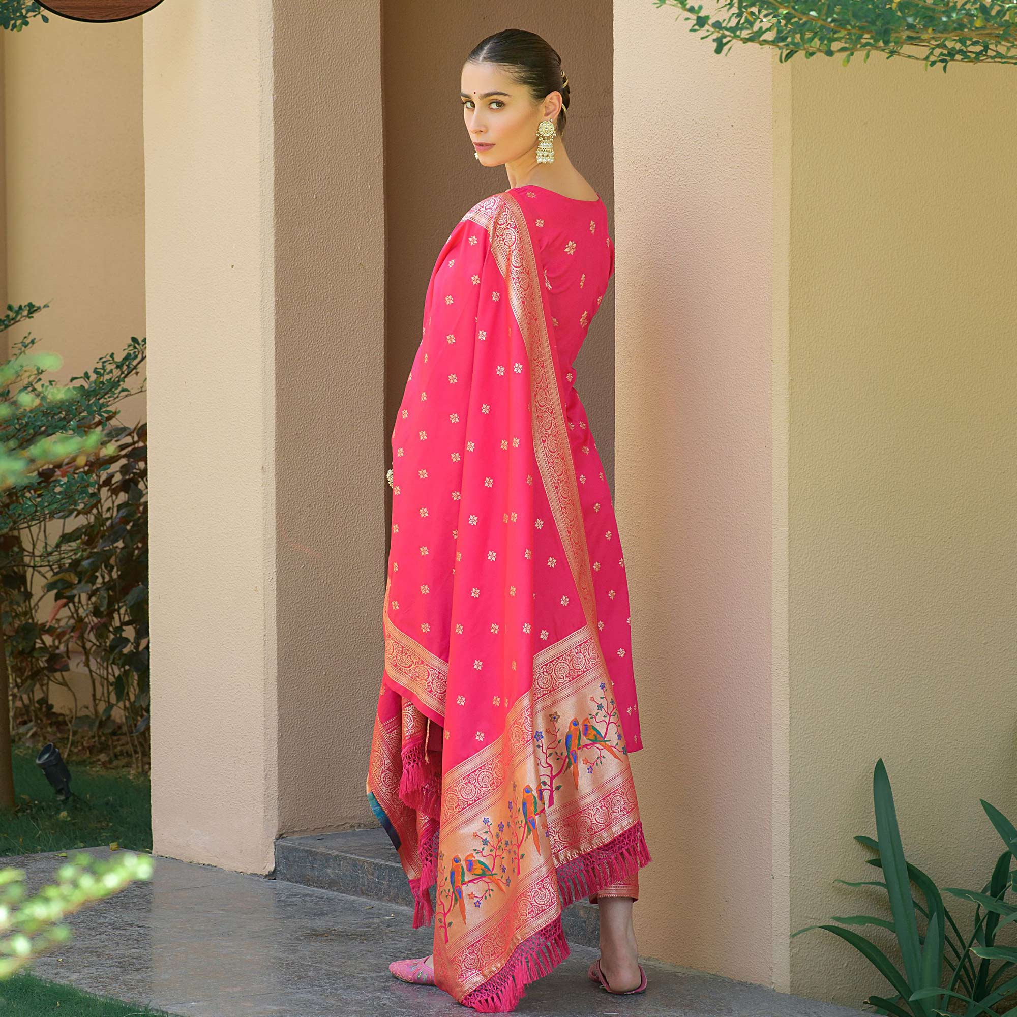 Pink Floral Woven Banarasi Silk Paithani Dress Material