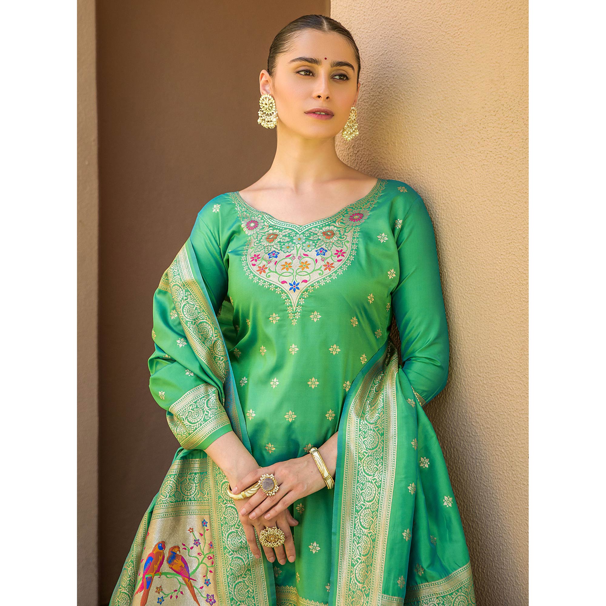 Green Floral Woven Banarasi Silk Paithani Dress Material
