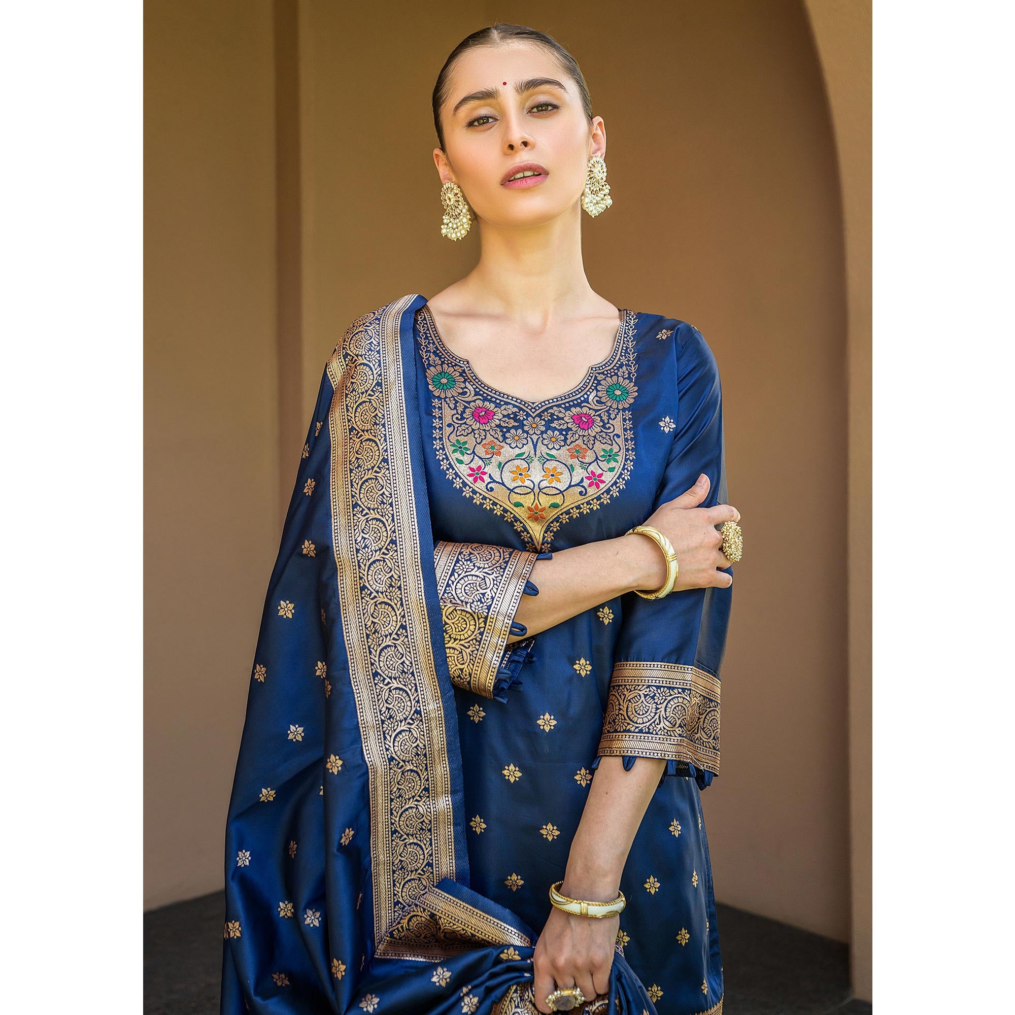 Navy Blue Floral Woven Banarasi Silk Paithani Dress Material