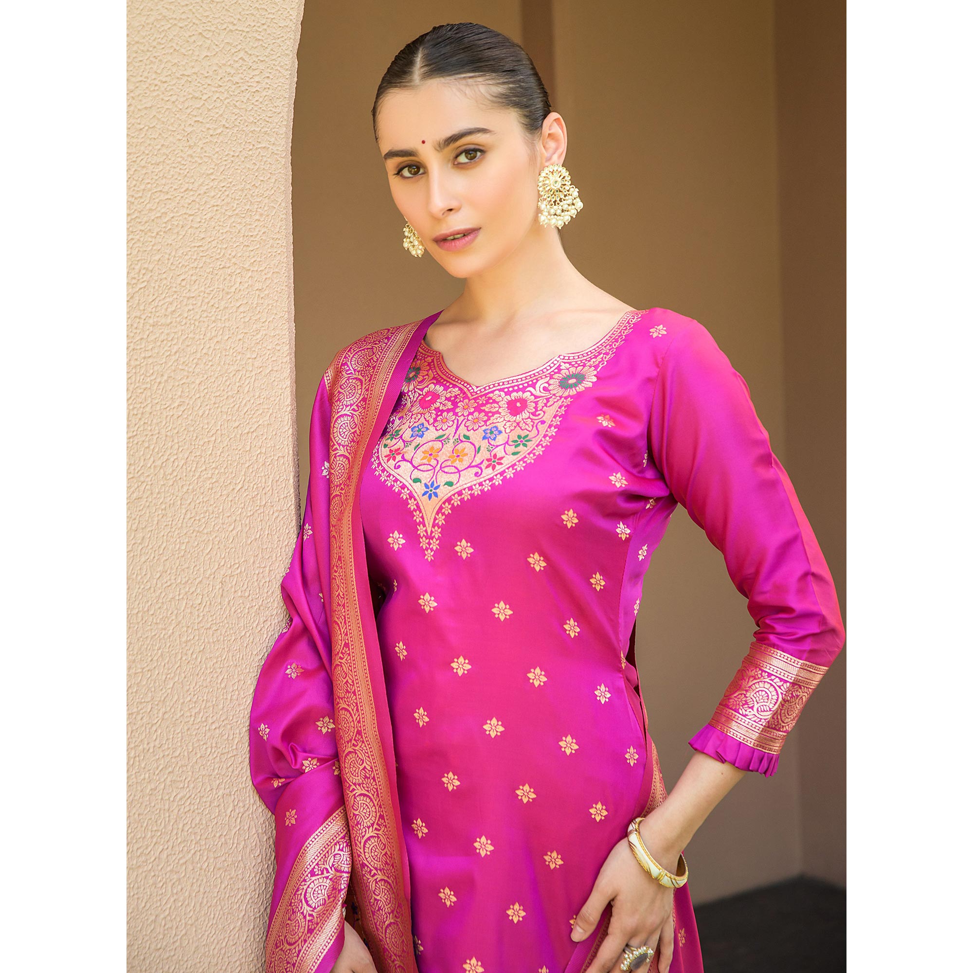 Rani Pink Floral Woven Banarasi Silk Paithani Dress Material
