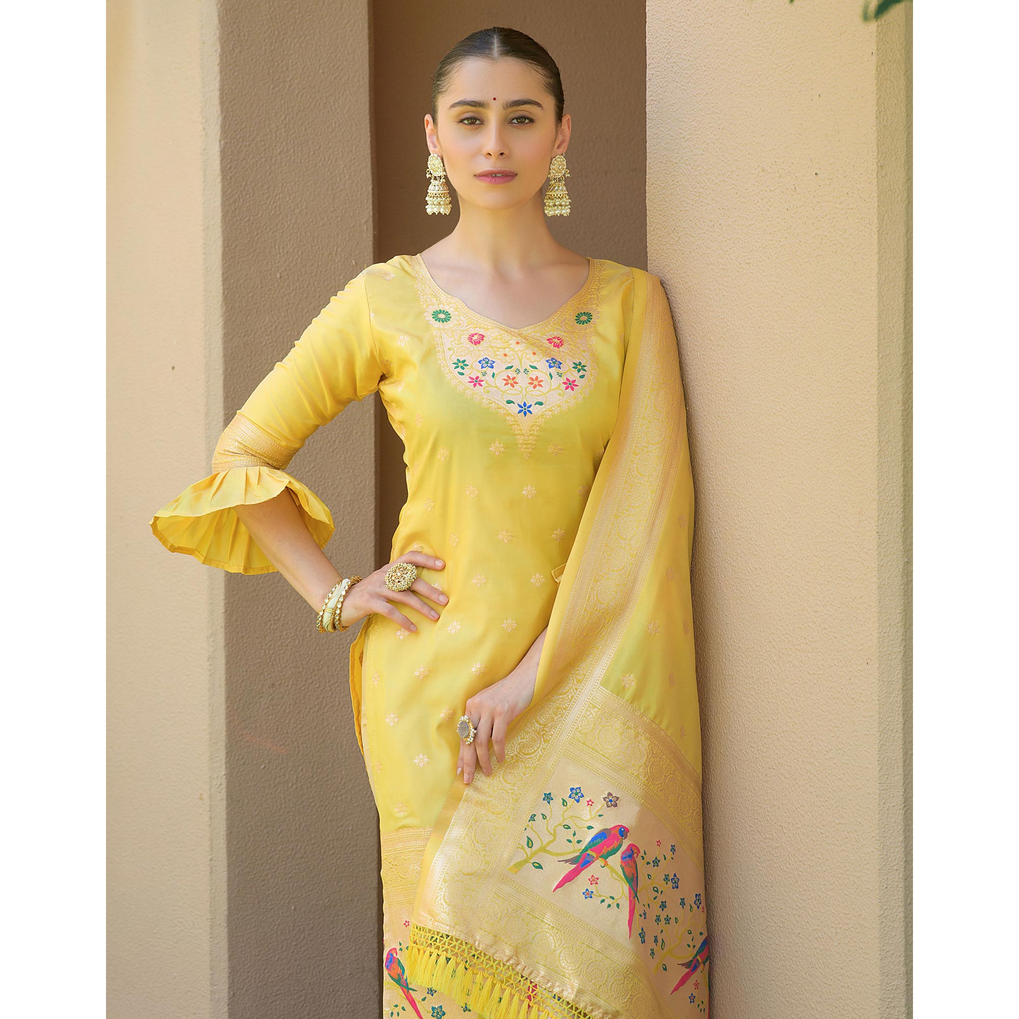 Yellow Floral Woven Banarasi Silk Paithani Dress Material